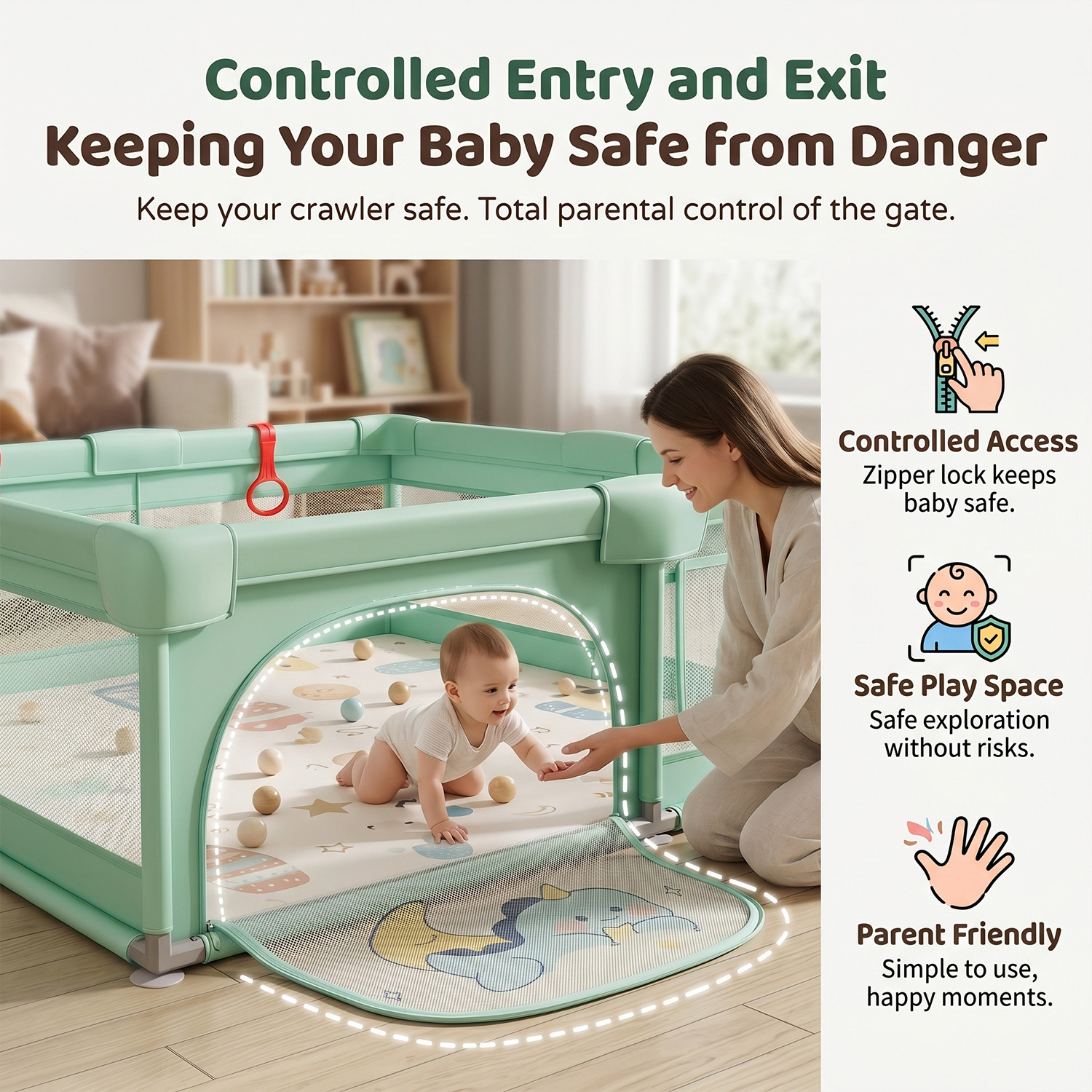 Image of StarAndDaisy 180x200 cm Baby Playpen with Breathable Mesh, Anti-Fall Pull Rings & Safety Lock (Green)