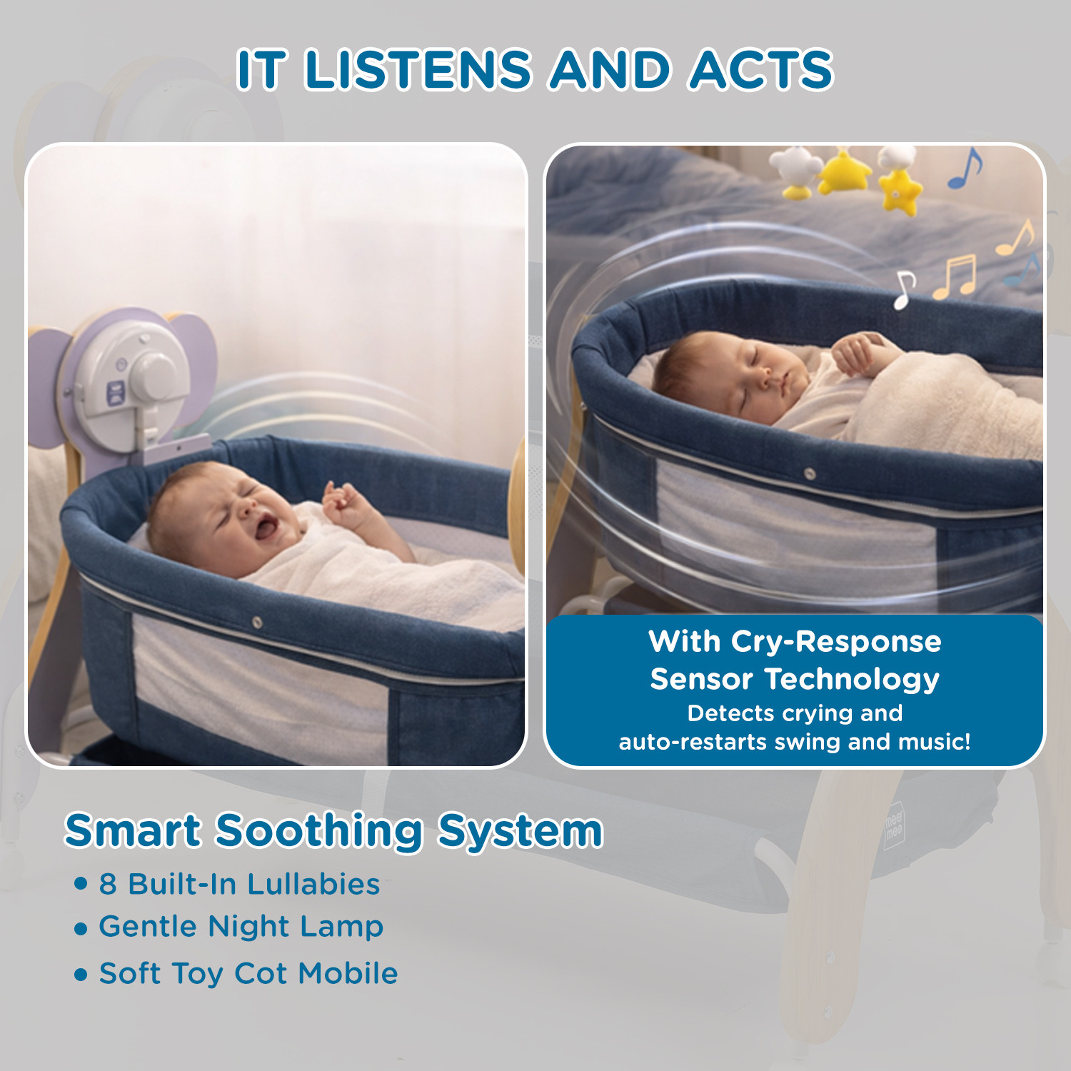 Image of MeeMee Swinging Joy Smart Baby Cradle, Cry Sensor Electric Baby with Mosquito Net