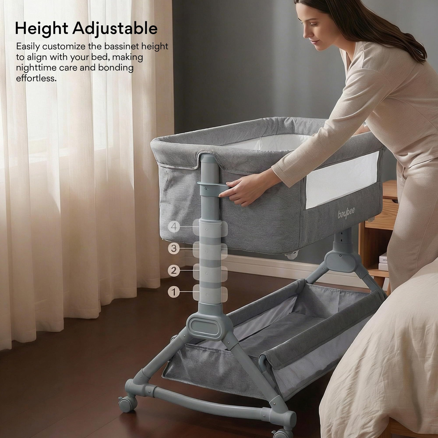 Image of baybee Baby bedside crib cradle for baby bassinet for kids with 4 Height Adjustable