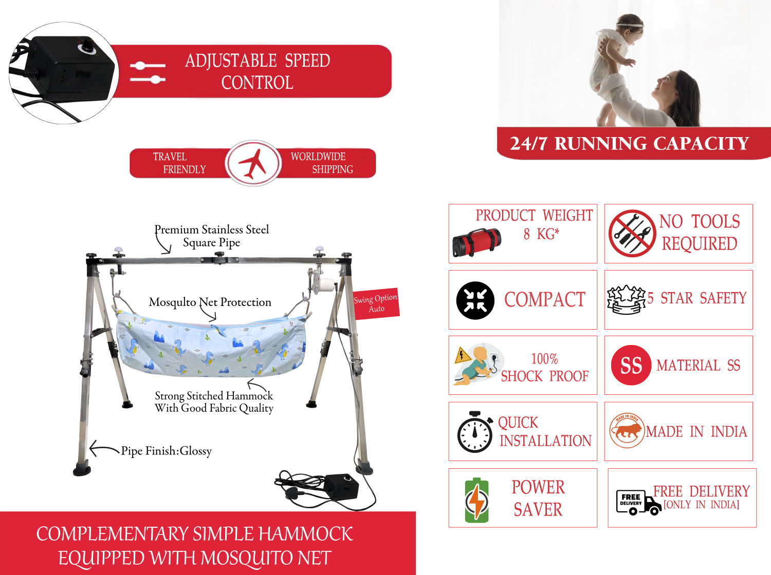 Image of A to Z Hub Stainless Steel Automatic Nri Baby Cradle /ghodiyu /jhula /Swing