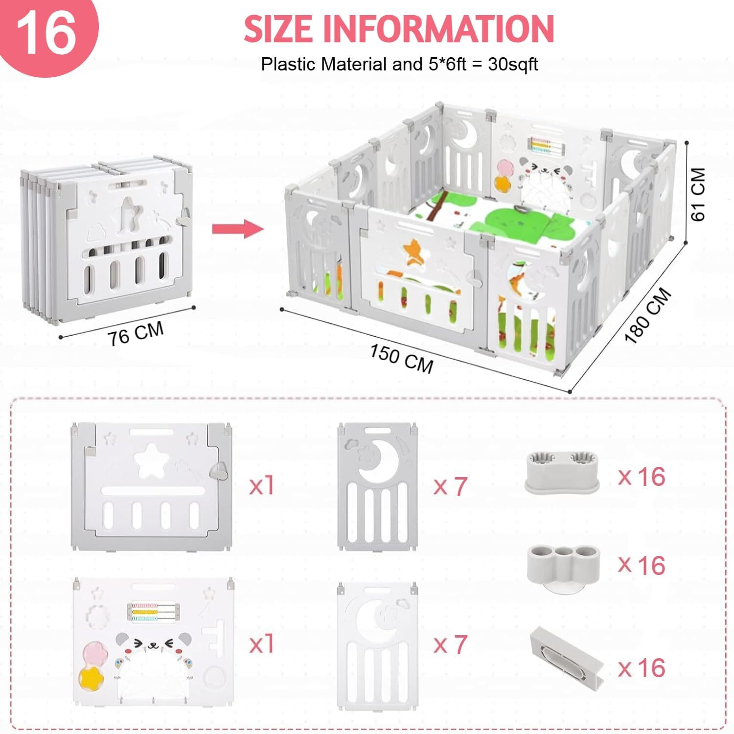 Image of metreno 16 panel Playpen for Kids Foldable Baby Play Yard with Safety Fence Lock