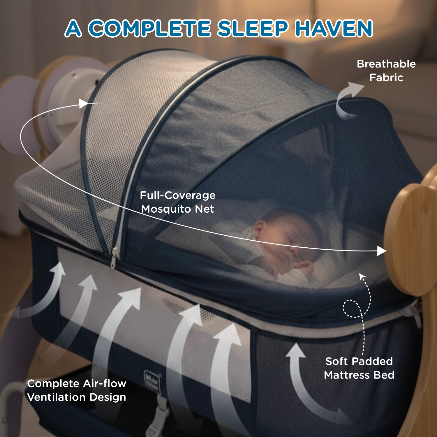 Image of MeeMee Swinging Joy Smart Baby Cradle, Cry Sensor Electric Baby with Mosquito Net