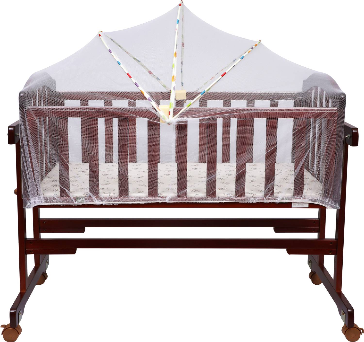 1st Step Wooden Cradle with Mosquito Net, Swing Lock, and Wheels