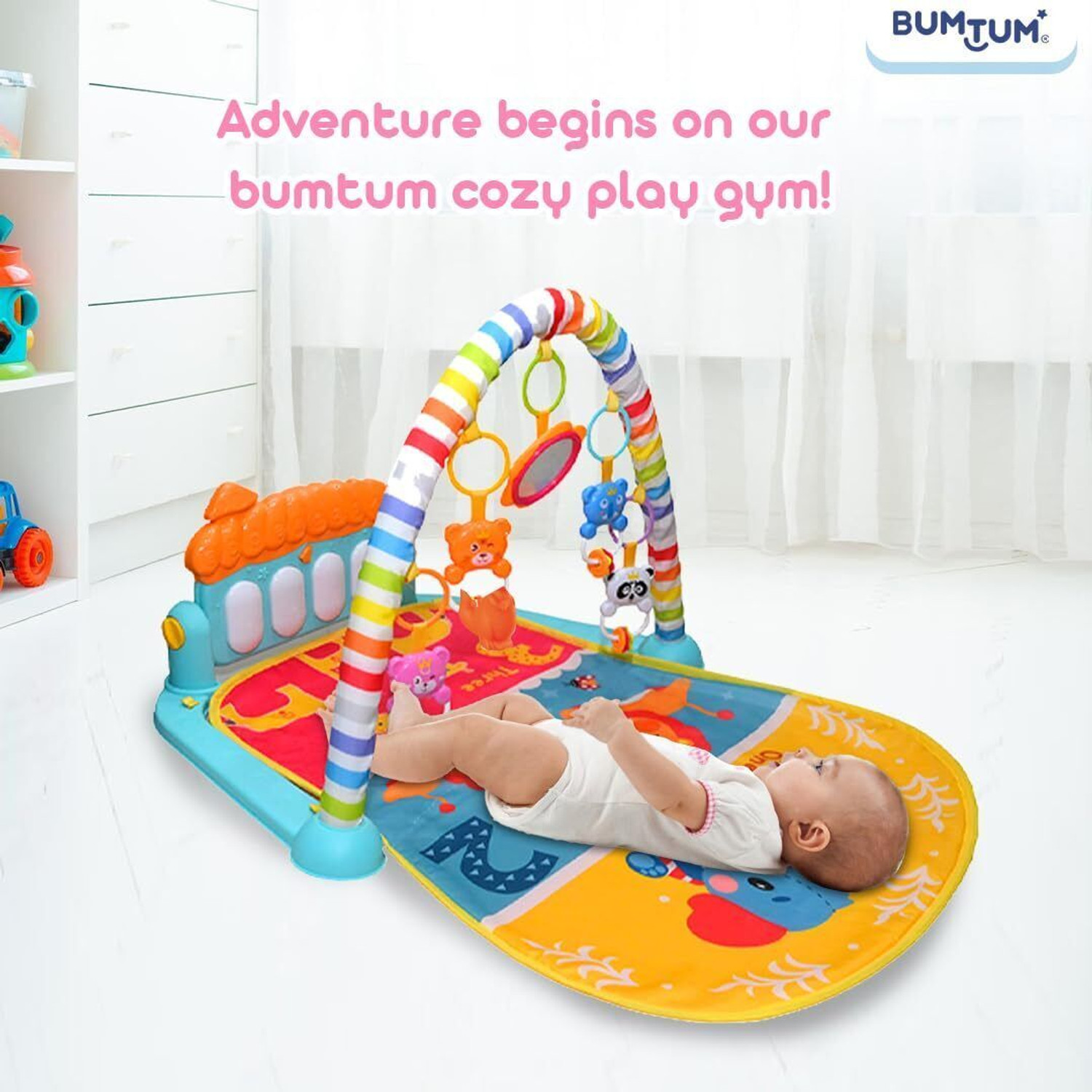 Image of BUMTUM Baby Piano Play Mat Gym & Fitness Rack, Hanging Rattles Keyboard Set With Music