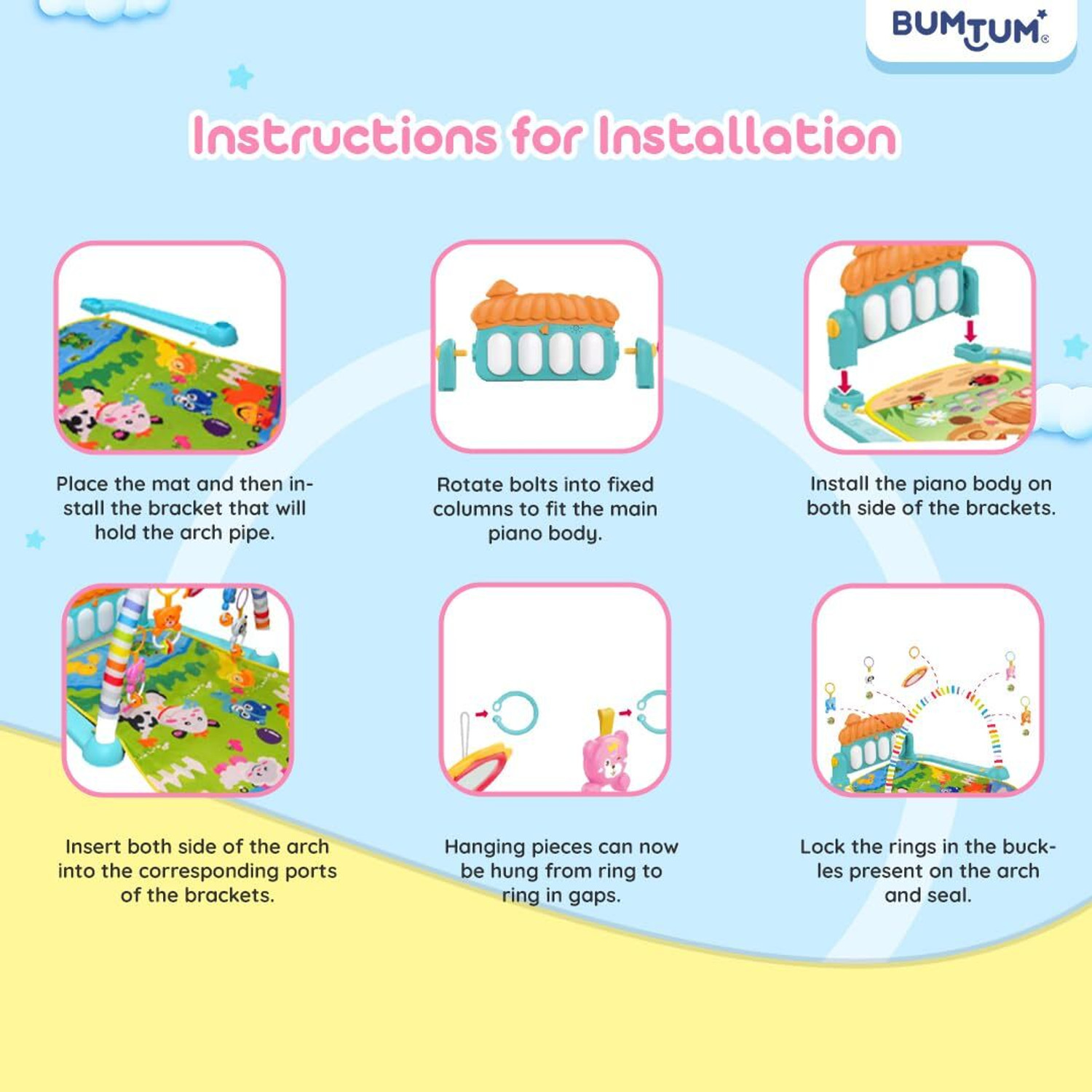 Image of BUMTUM Baby Piano Play Mat Gym & Fitness Rack, Hanging Rattles Keyboard Set With Music