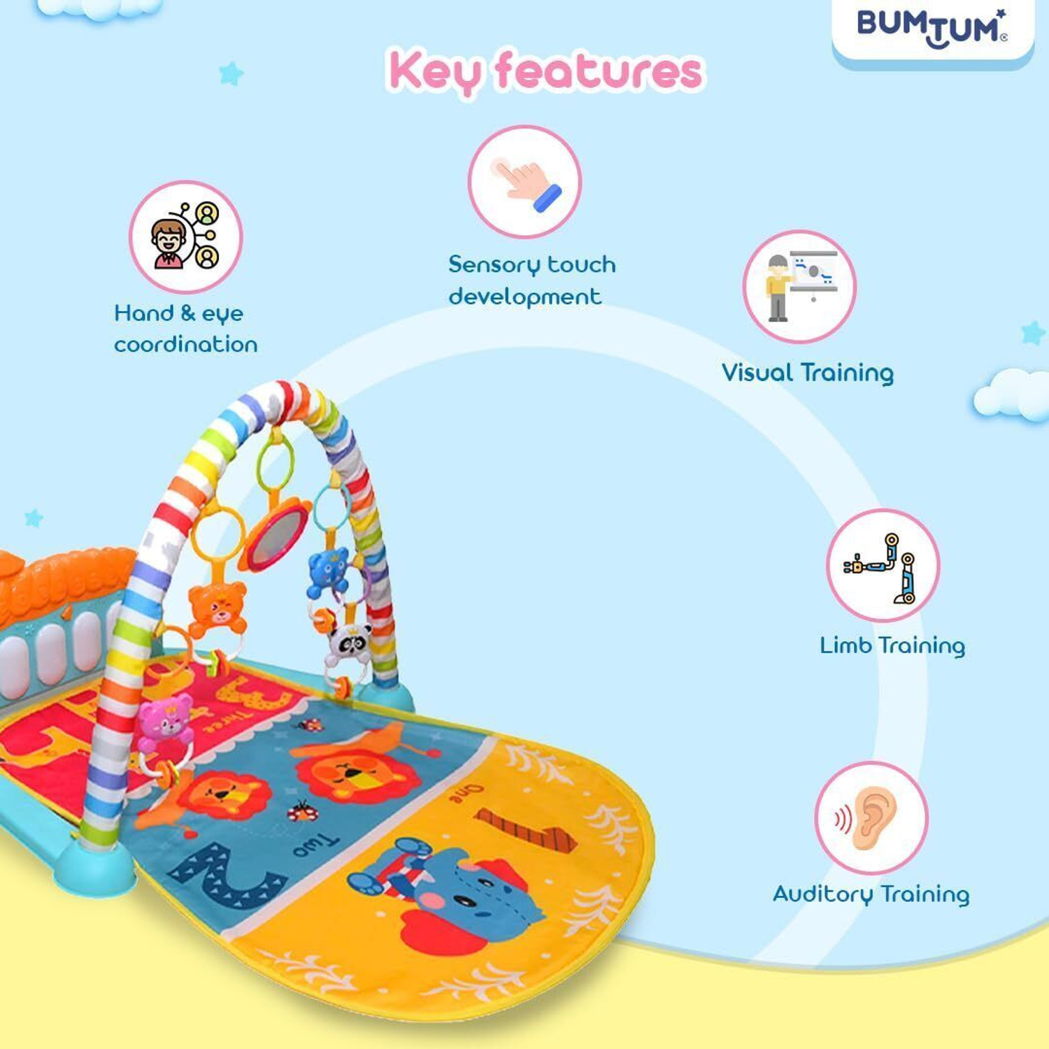 Image of BUMTUM Baby Piano Play Mat Gym & Fitness Rack, Hanging Rattles Keyboard Set With Music