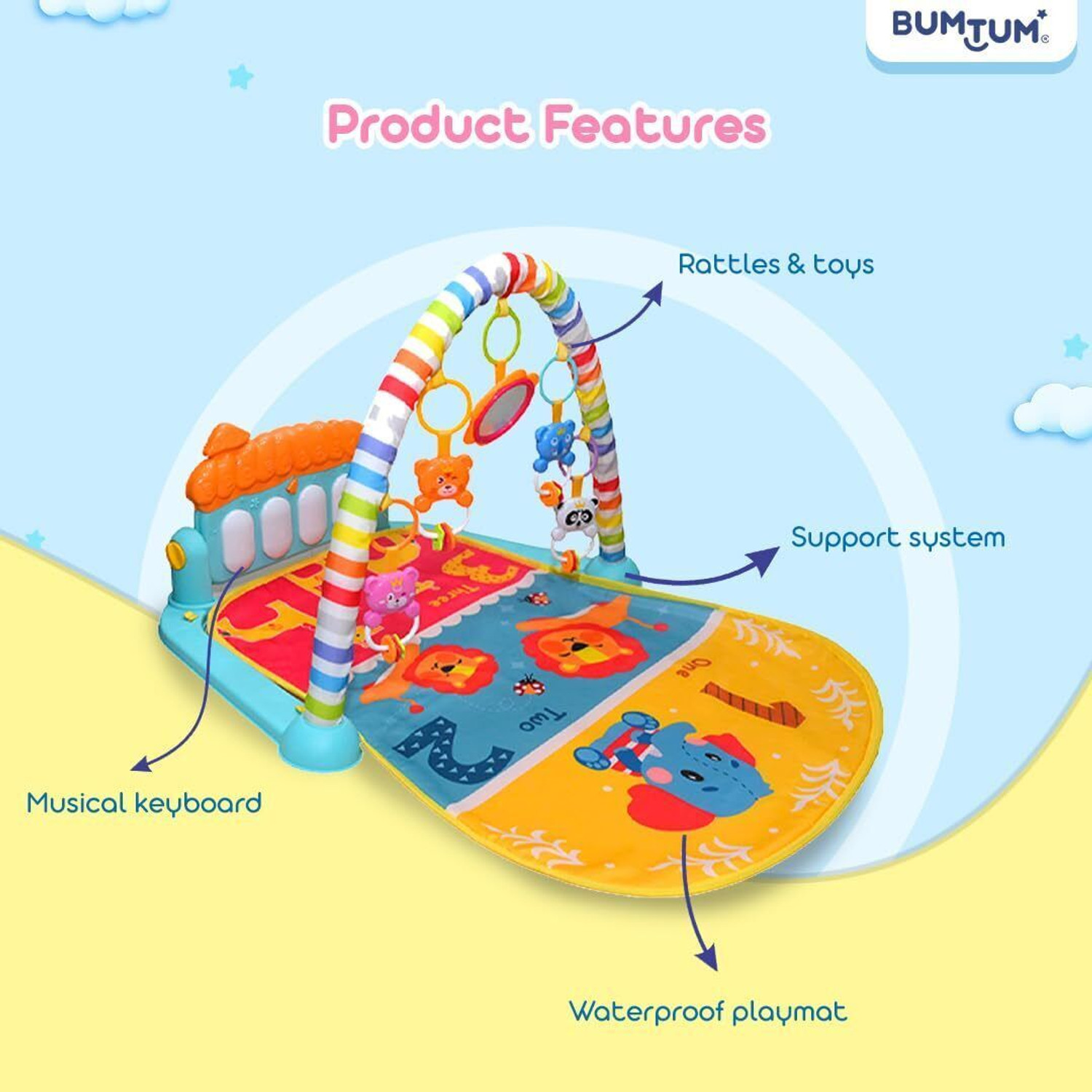 Image of BUMTUM Baby Piano Play Mat Gym & Fitness Rack, Hanging Rattles Keyboard Set With Music