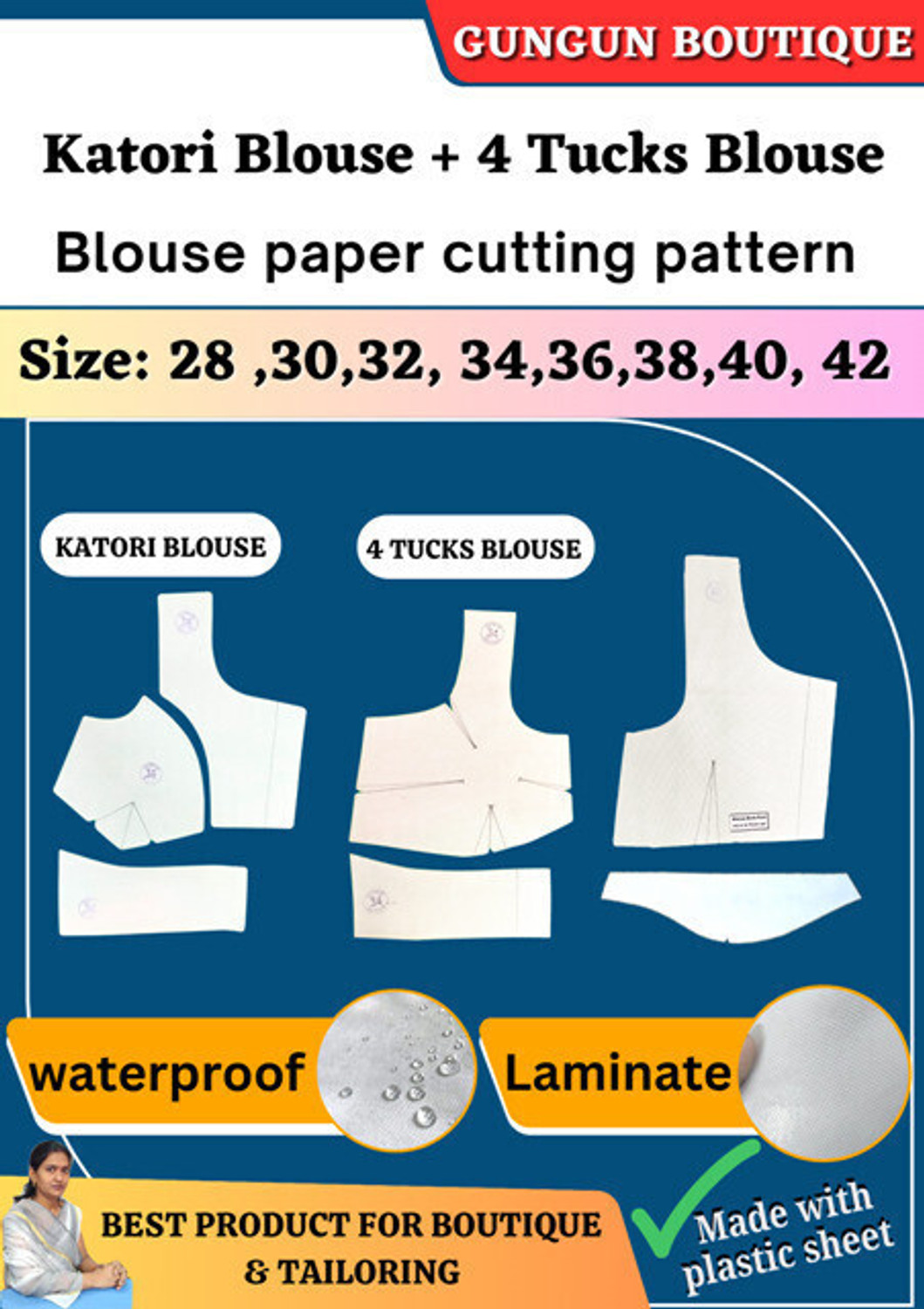 Image of Gungun Boutique 2 Count Katori Blouse + 4 Tucks Blouse Paper Cutting Pattern Combo Set | Size 28 To 42 Cross Stitch Matte Cloth