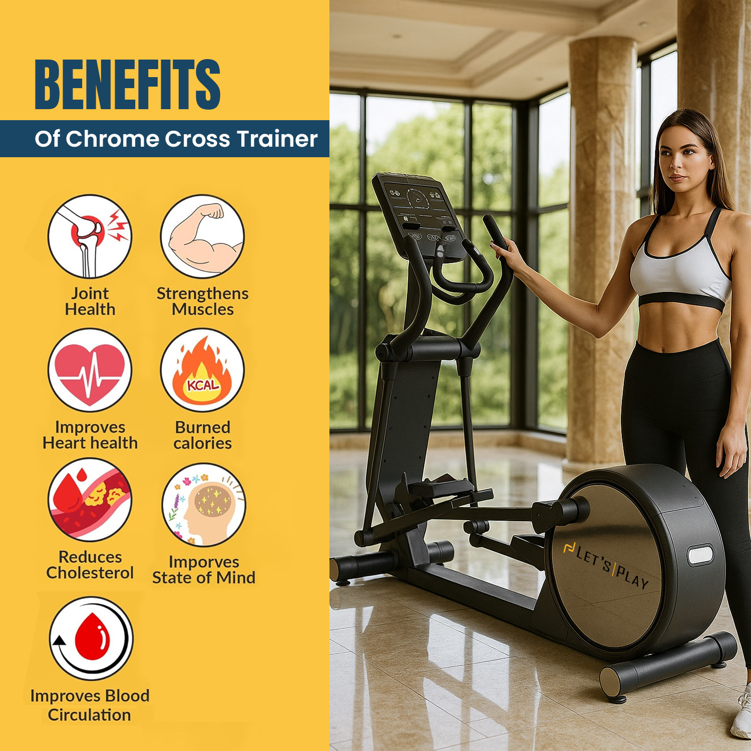 Image of lets play LET'S PLAY Chrome Cross Trainer Elliptical for Home 180Kg Capacity LCD Display Cross Trainer