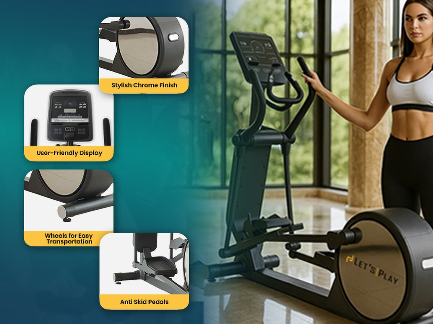 Image of lets play LET'S PLAY Chrome Cross Trainer Elliptical for Home 180Kg Capacity LCD Display Cross Trainer