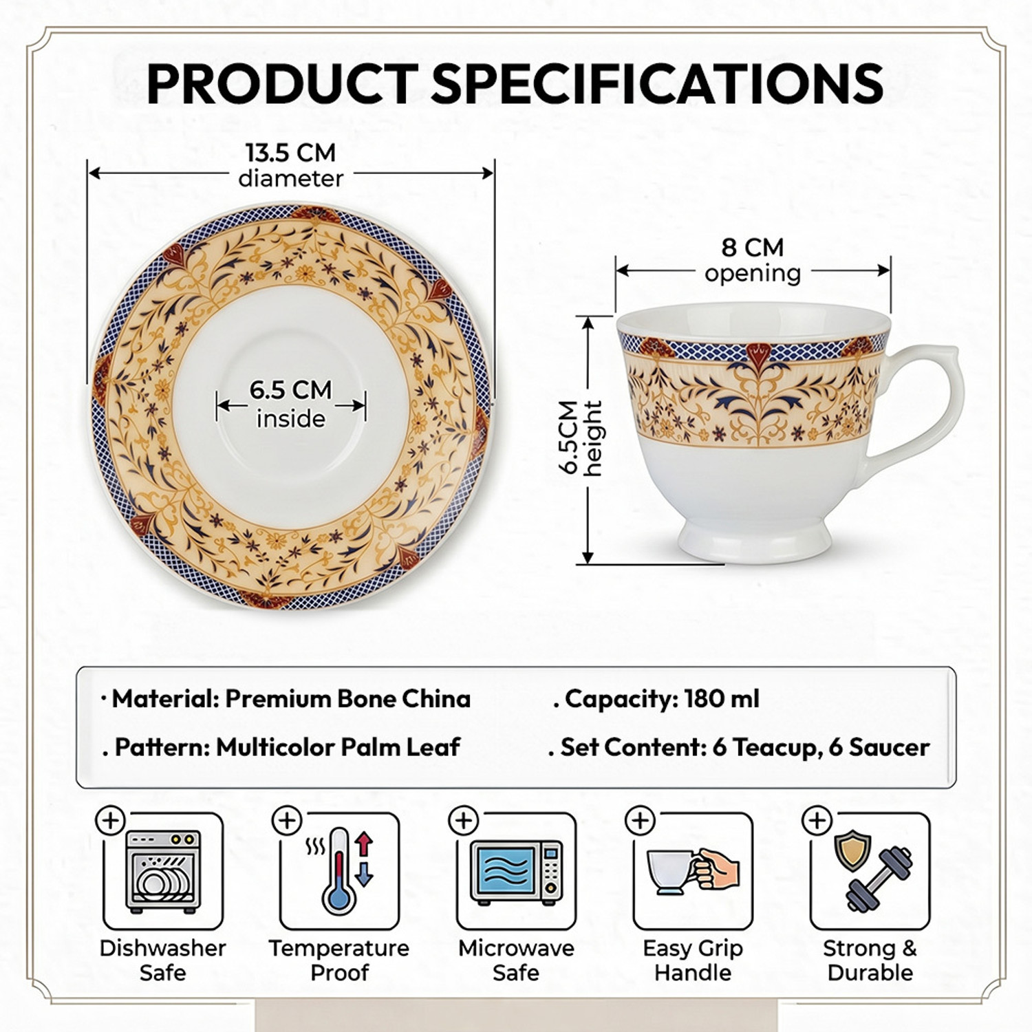 Image of U.P.C. Bone China Tea Cup & Saucer Set of 6 | 180ml | Royal Jali Floral Print