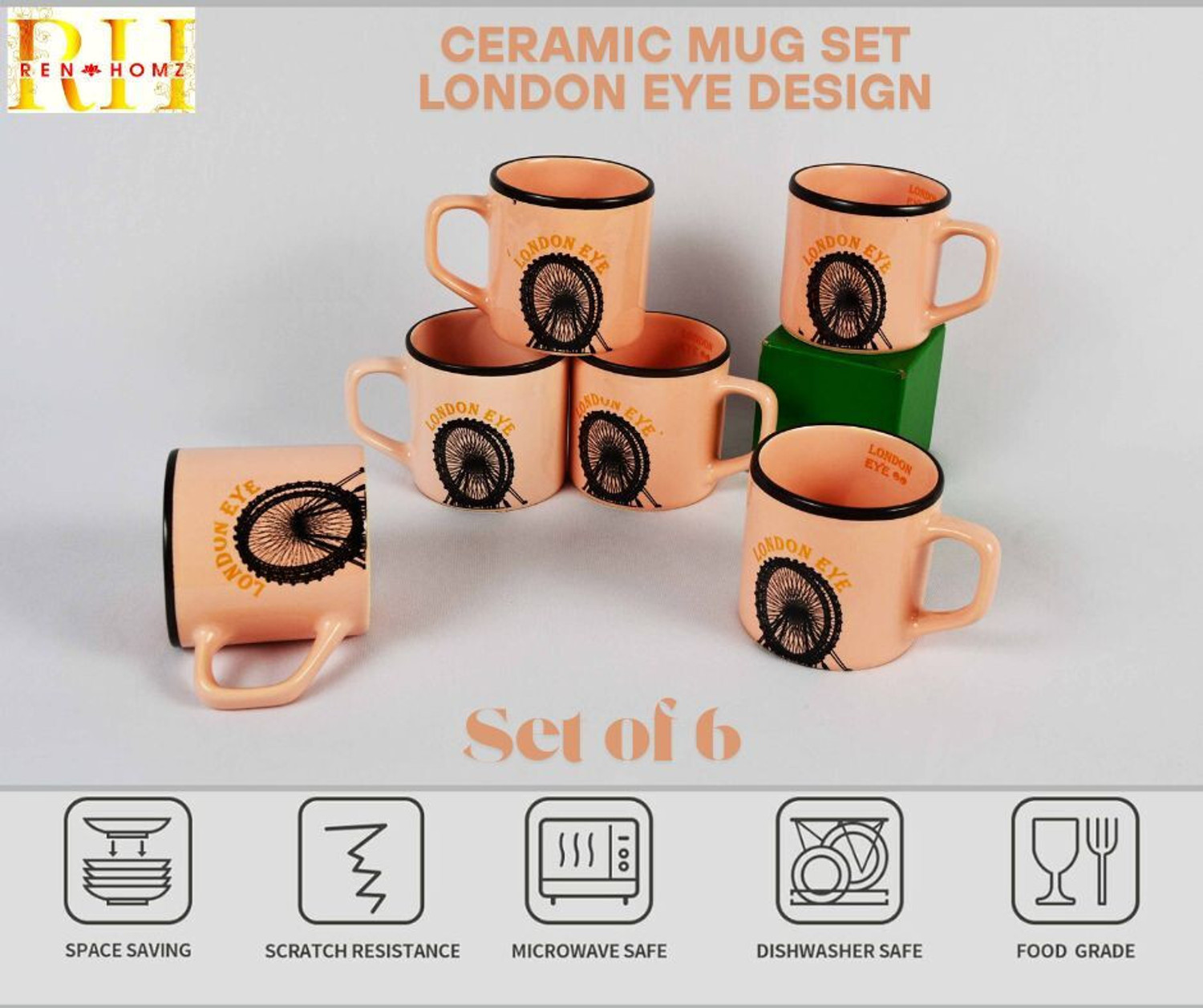 Image of Renhomz Pack of 6 Ceramic Bone China Tea Cups-Set of 6 | Chai Cups | Coffee Cups | Pink London Eye |