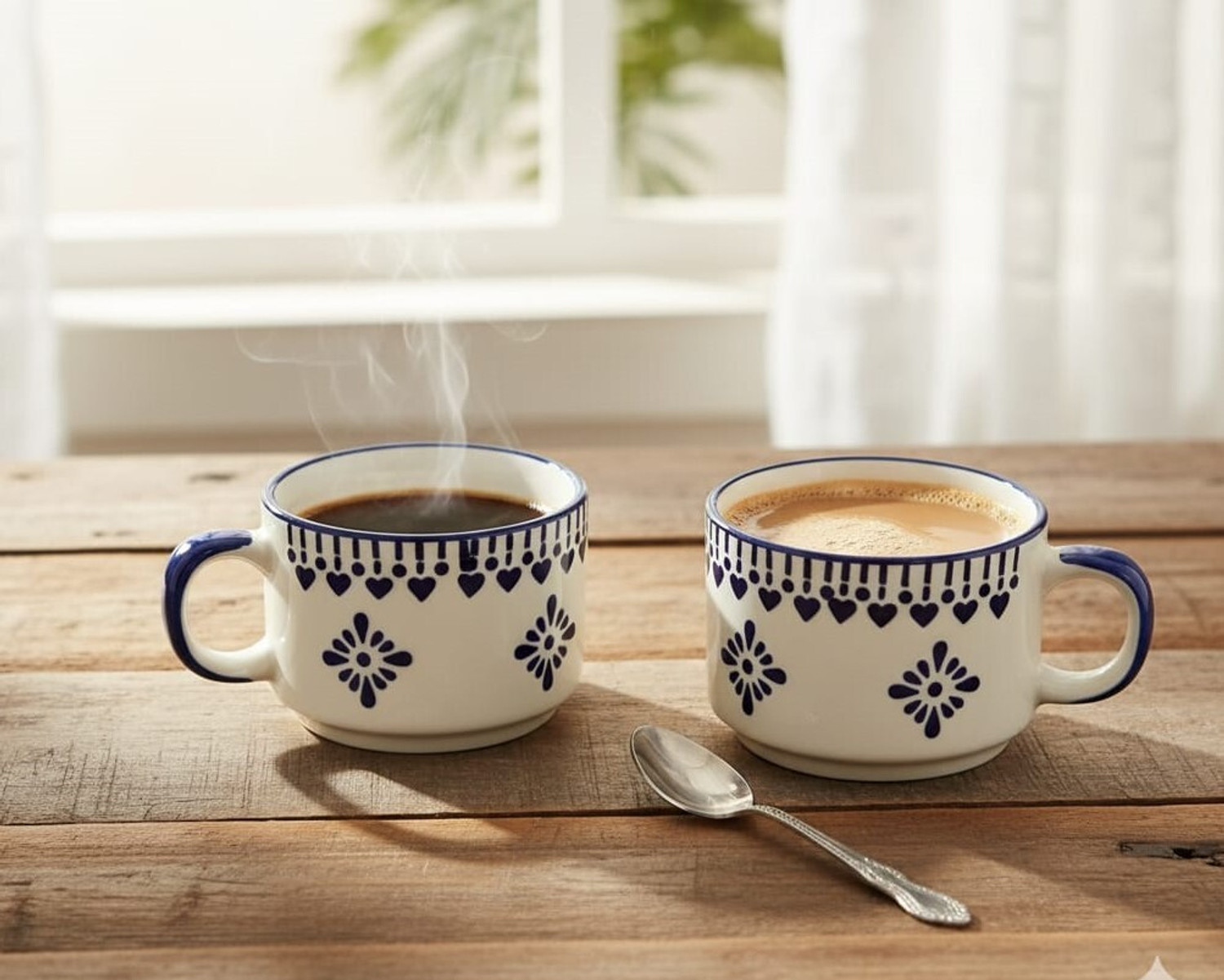 Image of Rehbar handicraft Pack of 6 Stoneware BLUE FLORAL HEART DESIGN TEA CUP SET (Blue, Cup Set)