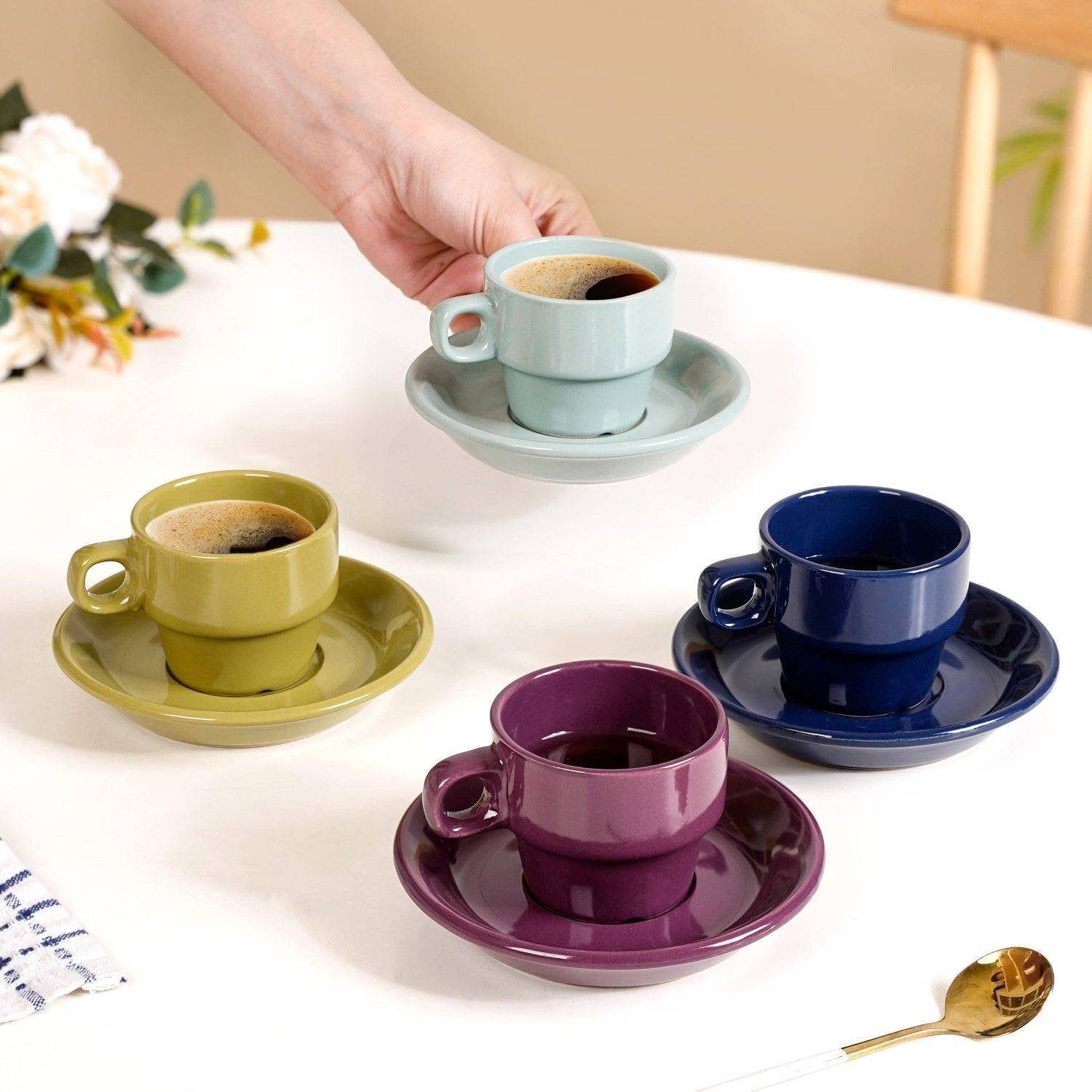 Nestasia Pack of 4 Ceramic Stackable Expresso Cup & Saucer Set