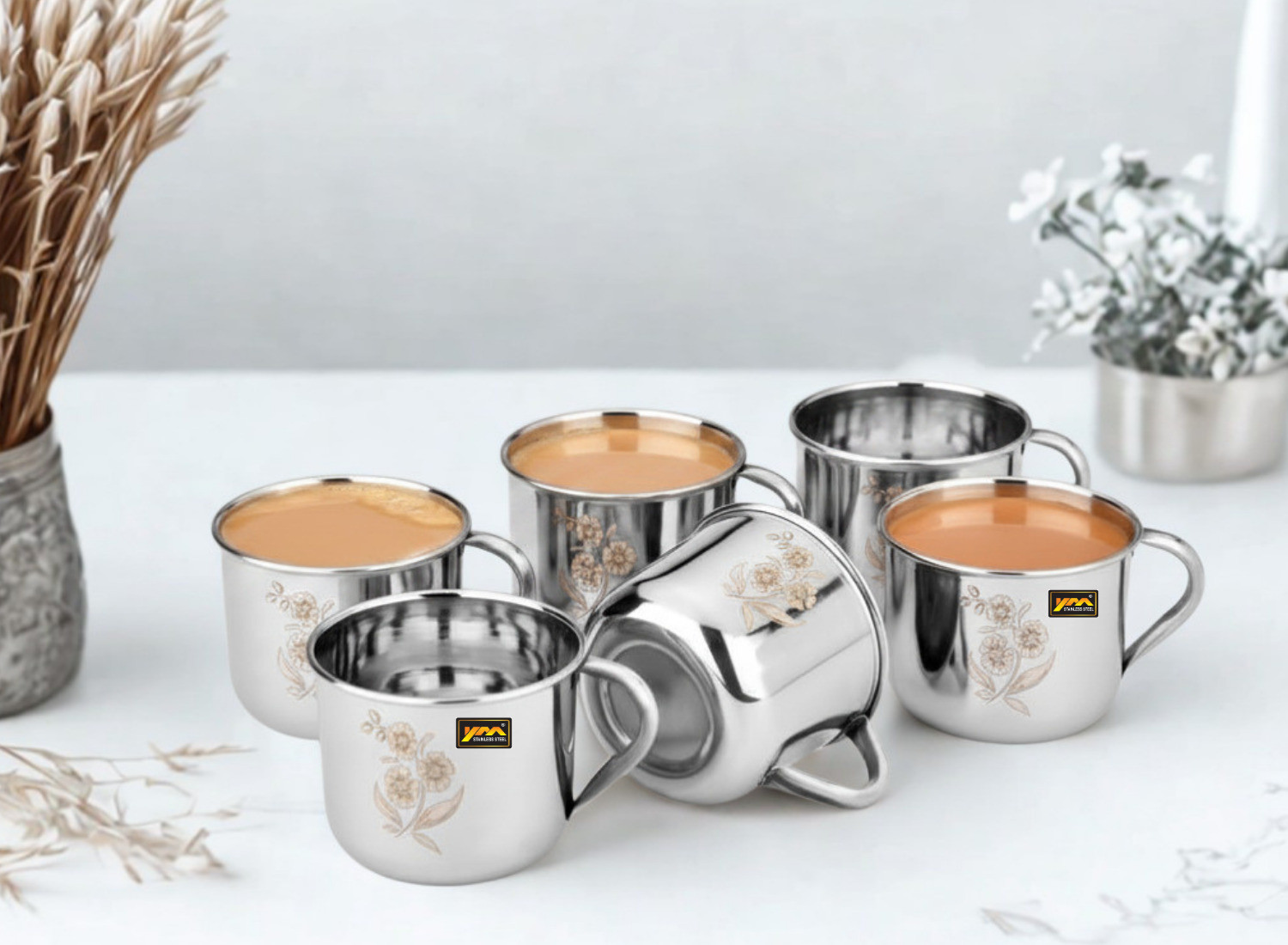 Image of YM Stainless Pack of 7 Stainless Steel Premium Tea Cup & Tray Set