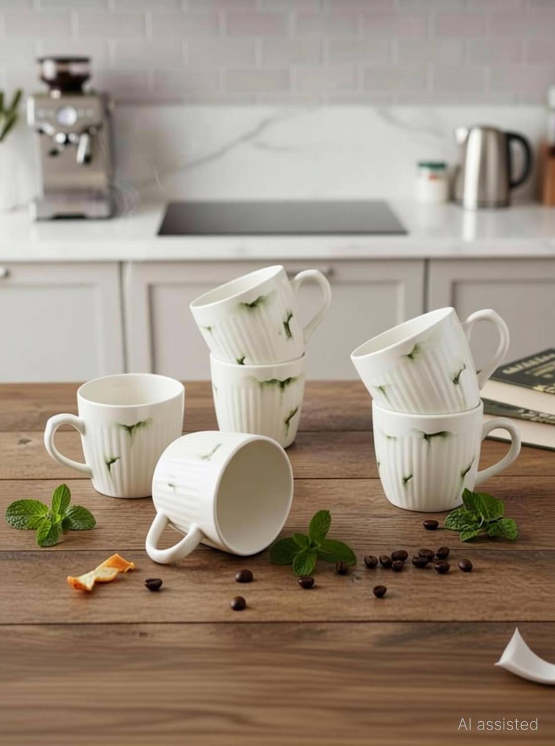 CERAMICSTUDIO Pack of 6 Ceramic All New Green Marble Design Tea Cup (Pack Of 6, White)