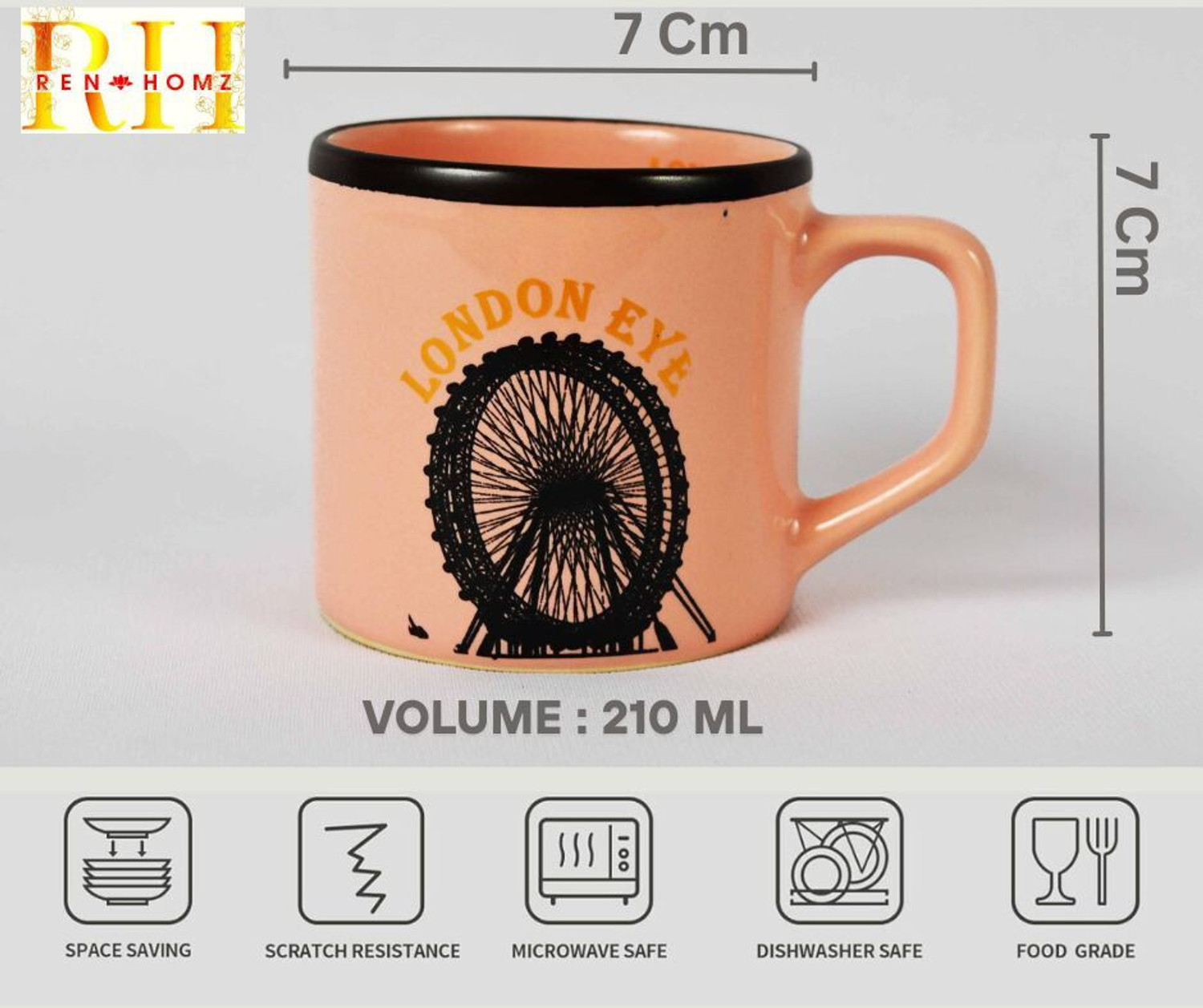 Image of Renhomz Pack of 6 Ceramic Bone China Tea Cups-Set of 6 | Chai Cups | Coffee Cups | Pink London Eye |