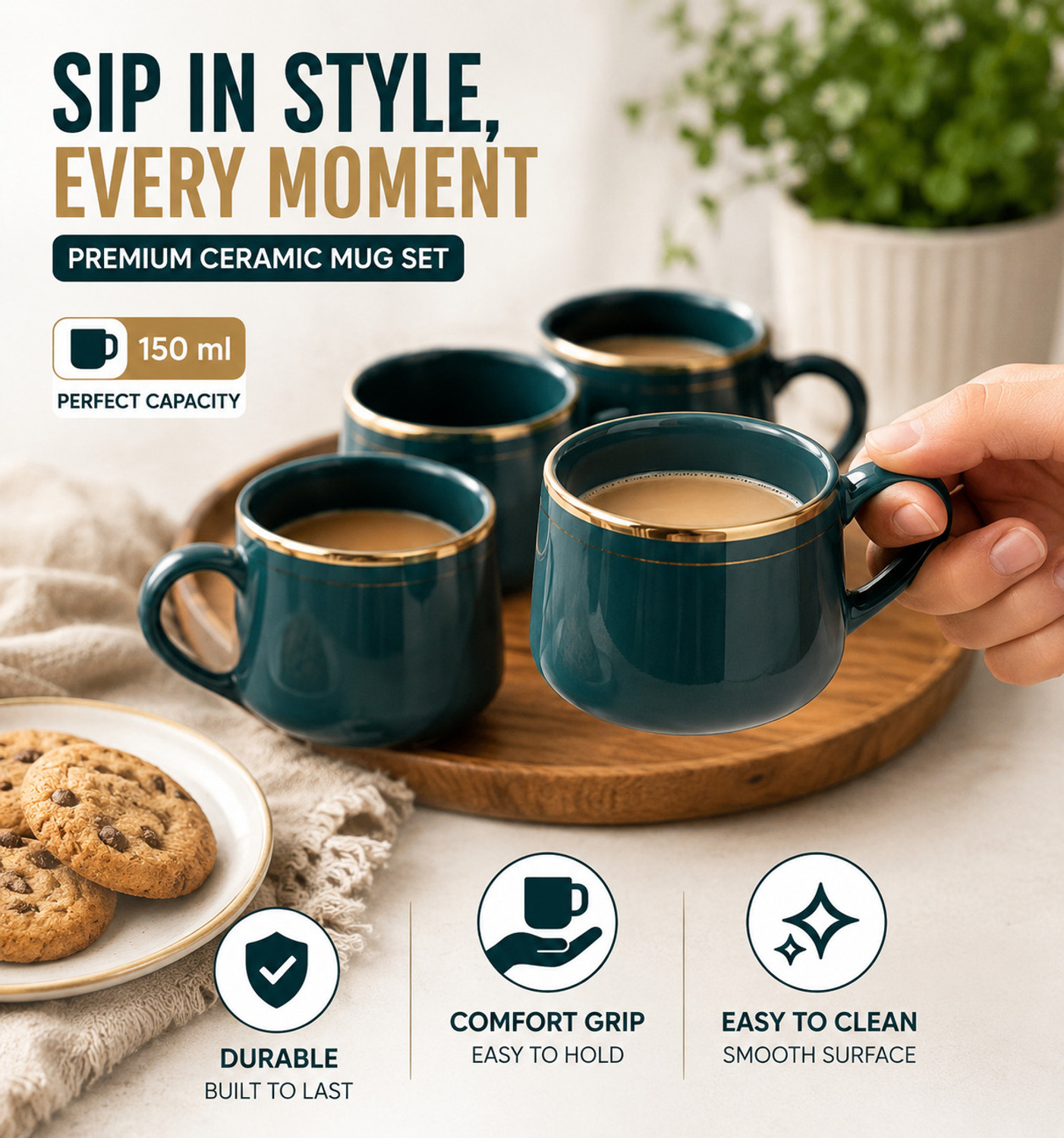Image of Abdul Traders Pack of 6 Ceramic Premium Ceramic Coffee Mug Set of 6 Dark Green Gold Rim Tea Cup Set
