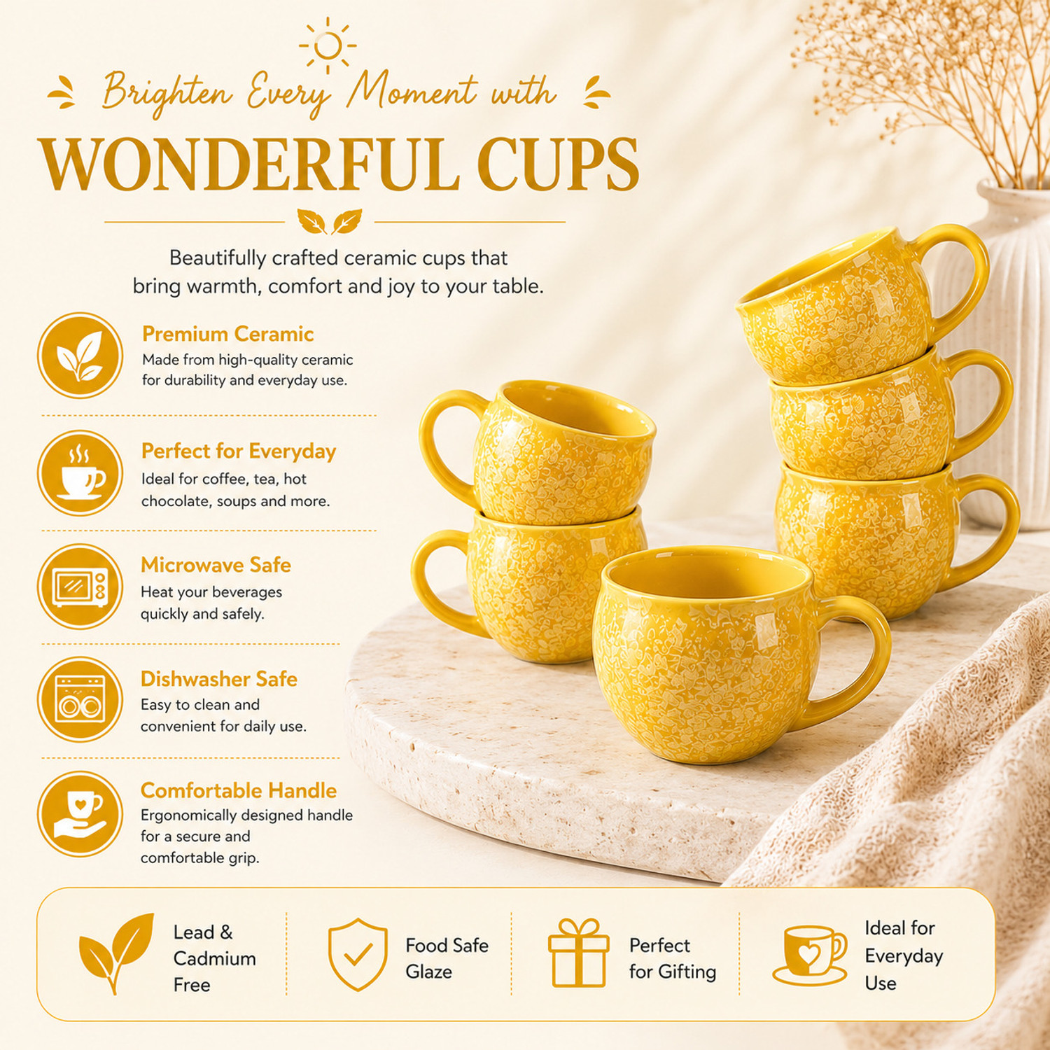 Image of D'Maiolica Pack of 6 Ceramic, Bone China Premium Quality Small Size tea cup, coffee cup set of 6