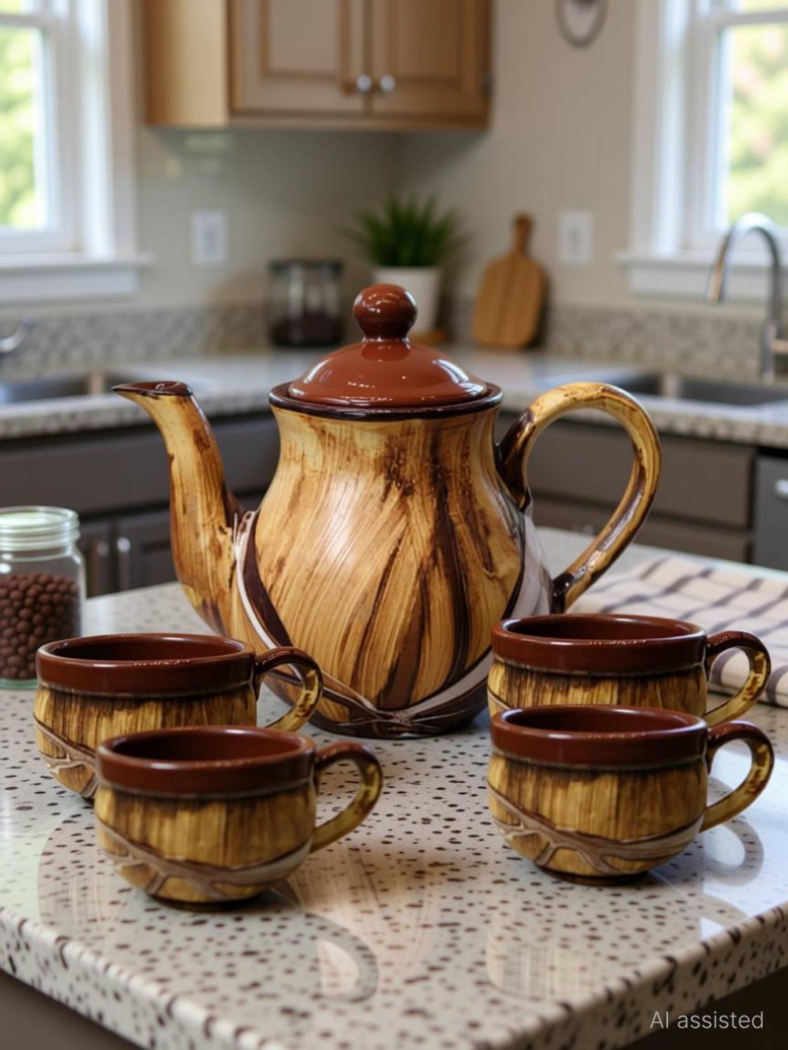 caffeine Pack of 7 Stoneware Handmade Glossy Wood Brown Cup Set with Kettle