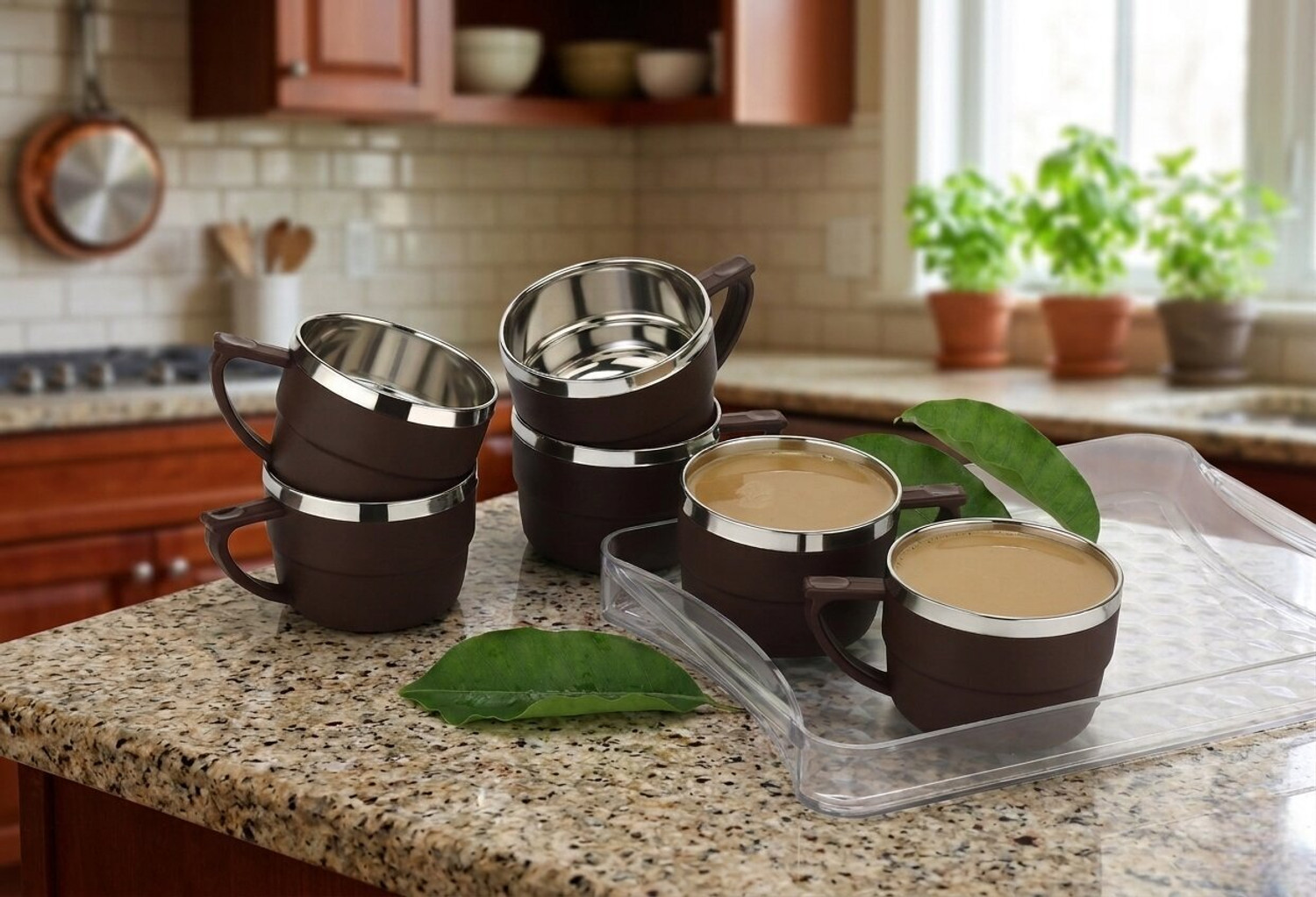 Image of HAPPI Pack of 6 Stainless Steel, Plastic Tea Cups Set Coffee Mug Insulated Stainless Steel Inner Stylist Double Wall Cup