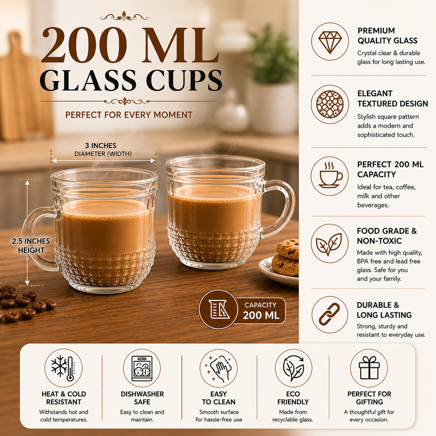 Image of AAMU MOON Pack of 4 Glass Round Tea Cups for Office, Coffee Shop, 200ML Handled Cups for Serving Beverages