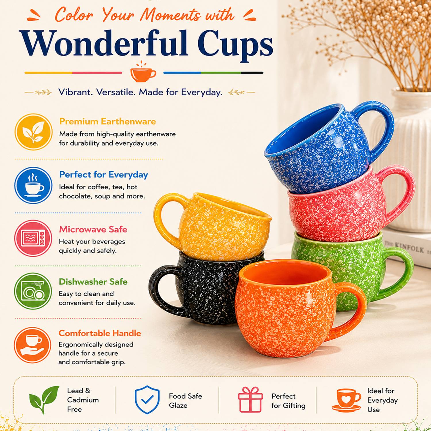 D'Maiolica Pack of 6 Ceramic Small Tea/Coffee Cups - Image 2