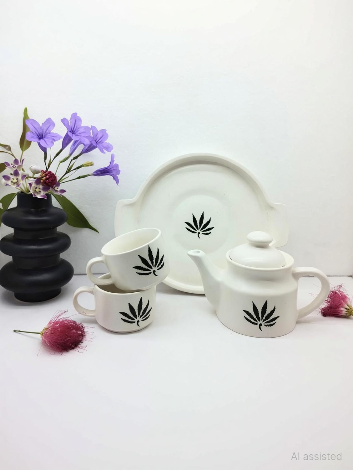 Image of The Earthy Store Pack of 4 Ceramic Ceramic Tea Kettle Set Kitchenware ,1 Kettle, 1 Tray, Tea Cup 2 Piece