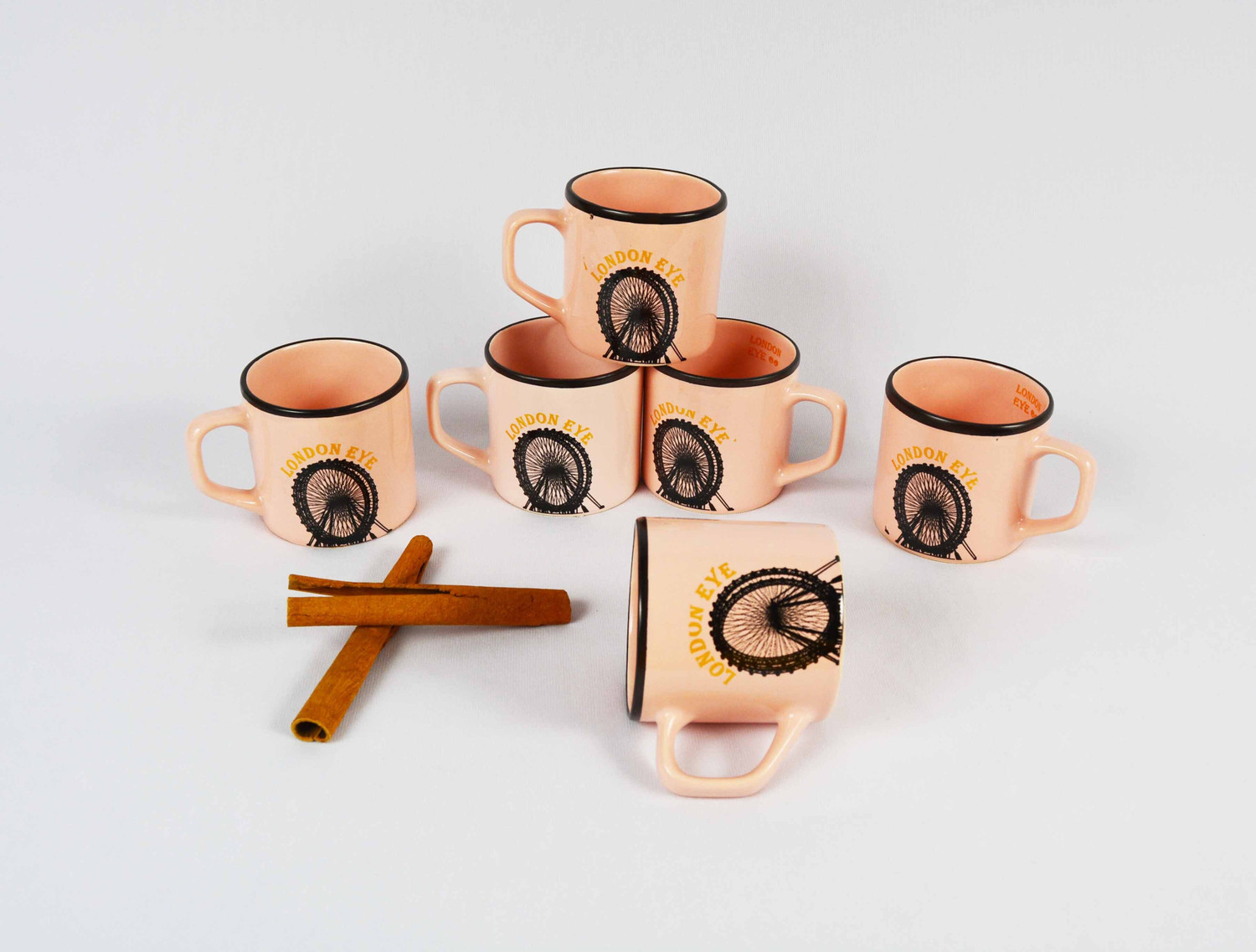 Image of Renhomz Pack of 6 Ceramic Bone China Tea Cups-Set of 6 | Chai Cups | Coffee Cups | Pink London Eye |