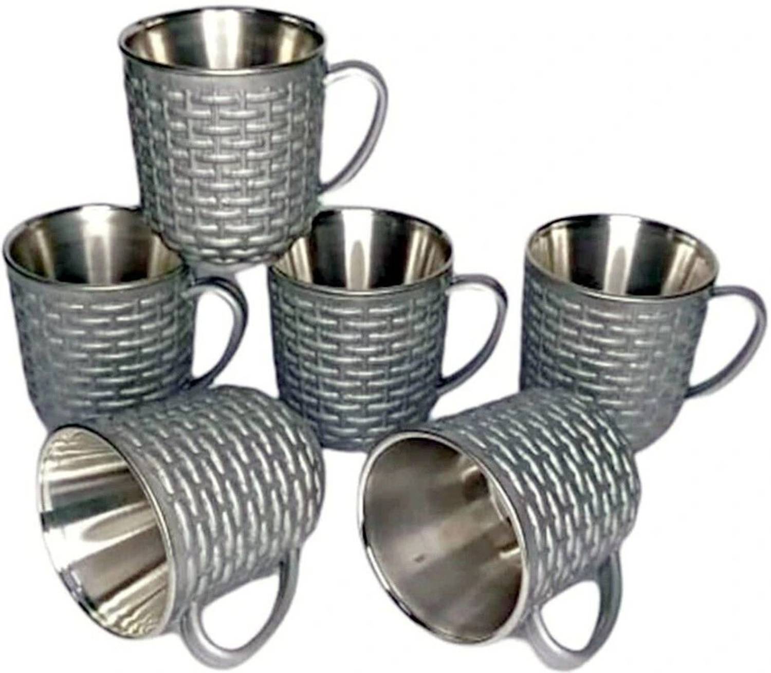 BluNeo Pack of 6 Stainless Steel, Plastic Royal Grey Matte Outer With Insulated Stainless Steel Tea /Coffees Cup set