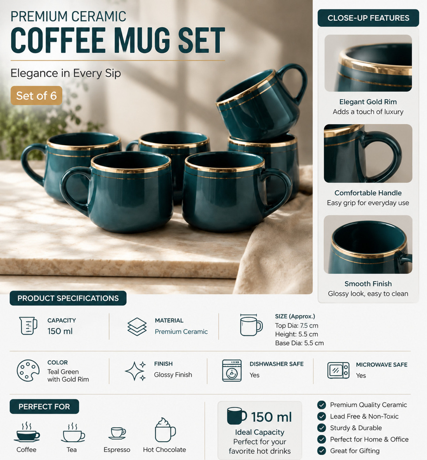 Image of Abdul Traders Pack of 6 Ceramic Premium Ceramic Coffee Mug Set of 6 Dark Green Gold Rim Tea Cup Set
