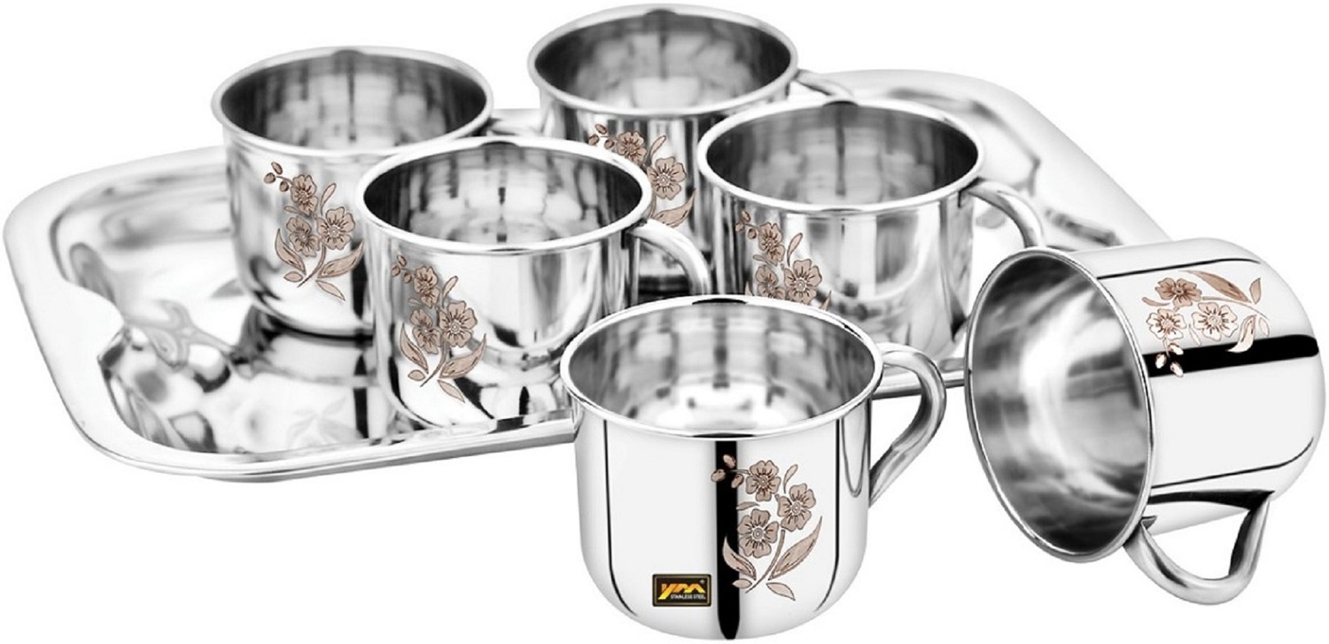 Image of YM Stainless Pack of 7 Stainless Steel Premium Tea Cup & Tray Set