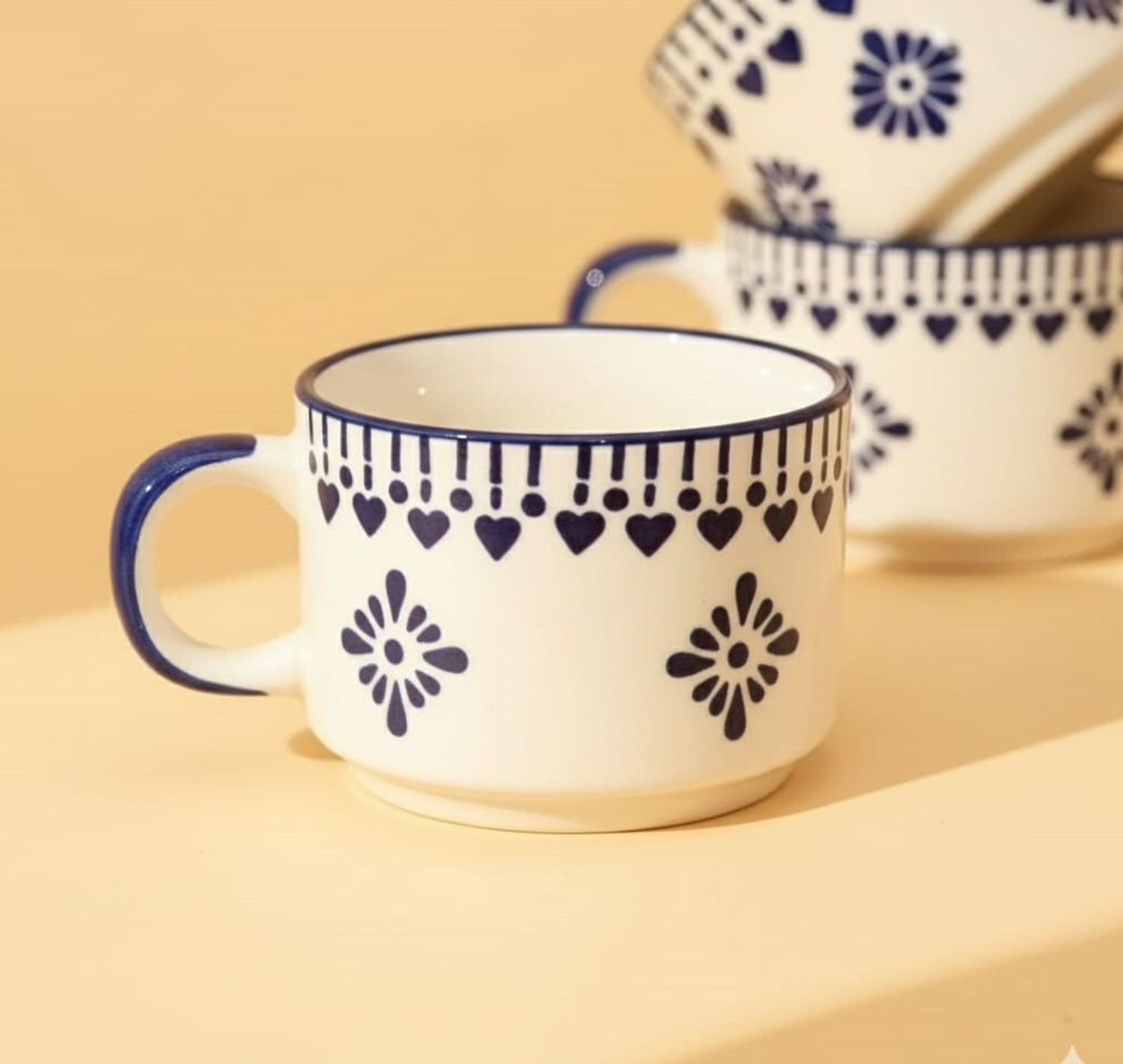 Image of Rehbar handicraft Pack of 6 Stoneware BLUE FLORAL HEART DESIGN TEA CUP SET (Blue, Cup Set)