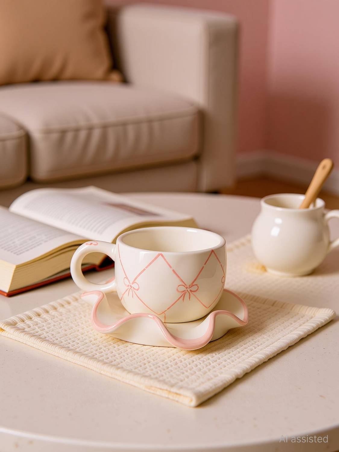 buy and fun Pack of 1 Ceramic Premium Pink Ceramic Cup & Saucer Set with Scalloped Edge and Bow Design