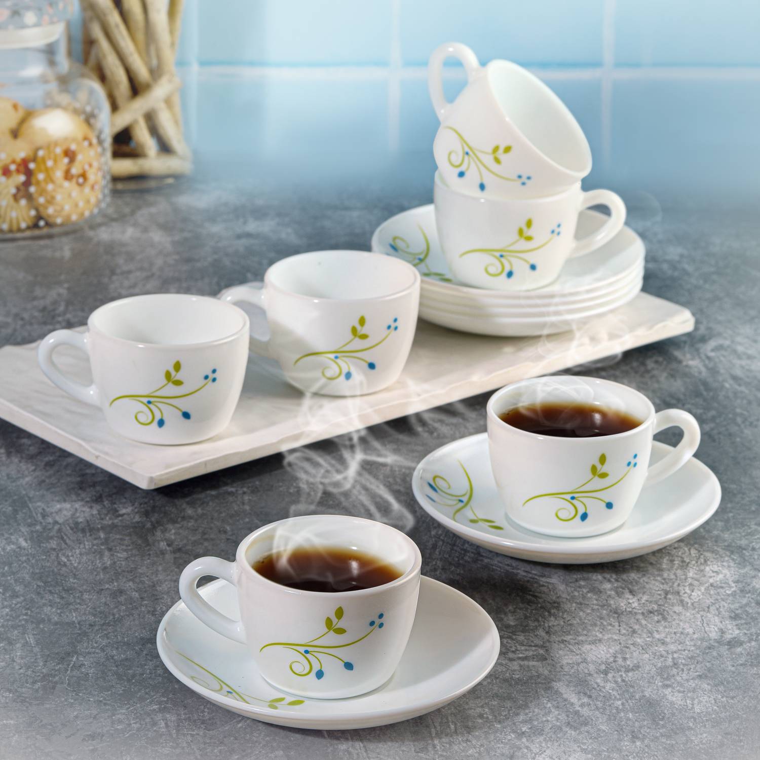 Cello Opalware Queen Set Di Tazze E Piattini 12 Pezzi, 130 Ml, Laguna Tropicale, Opalware Resistente E Leggero