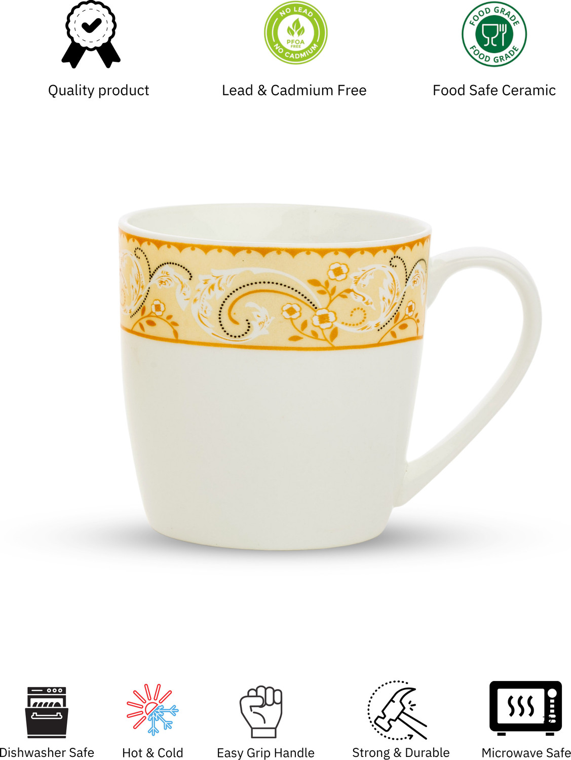 Image of CLAY CRAFT Pack of 1 Ceramic Ceramic Coffee Mug Set of 6 | Elegant Printed Tea Cups White Design