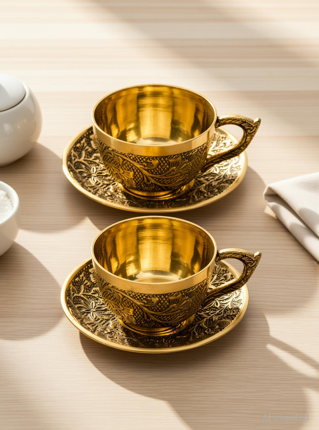 Image of Spillbox Pack of 2 Brass Traditional Handcrafted Brass Engraved Coffee Dabra Cup and Saucer | Coffee Cup