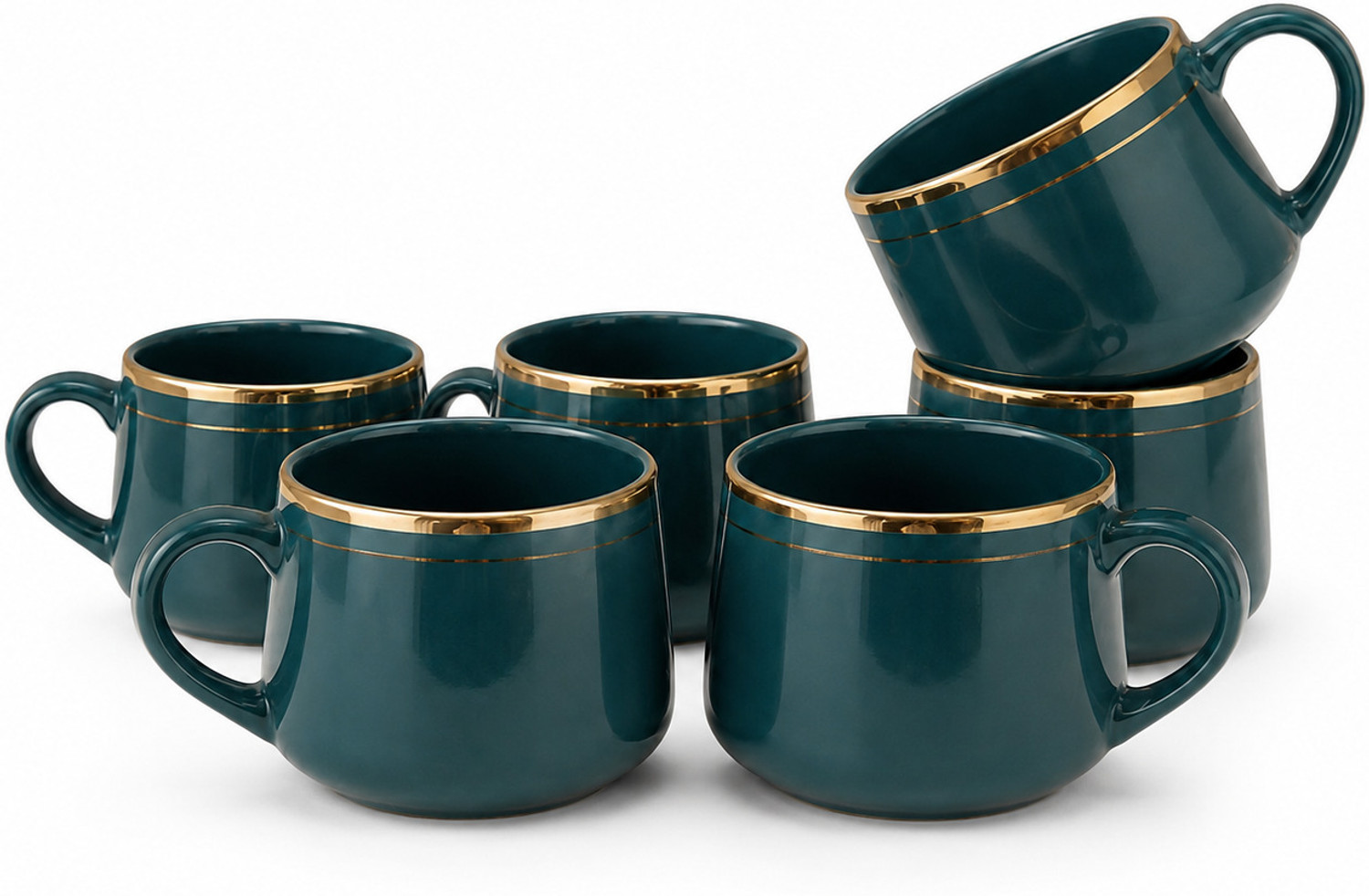 Image of Abdul Traders Pack of 6 Ceramic Premium Ceramic Coffee Mug Set of 6 Dark Green Gold Rim Tea Cup Set