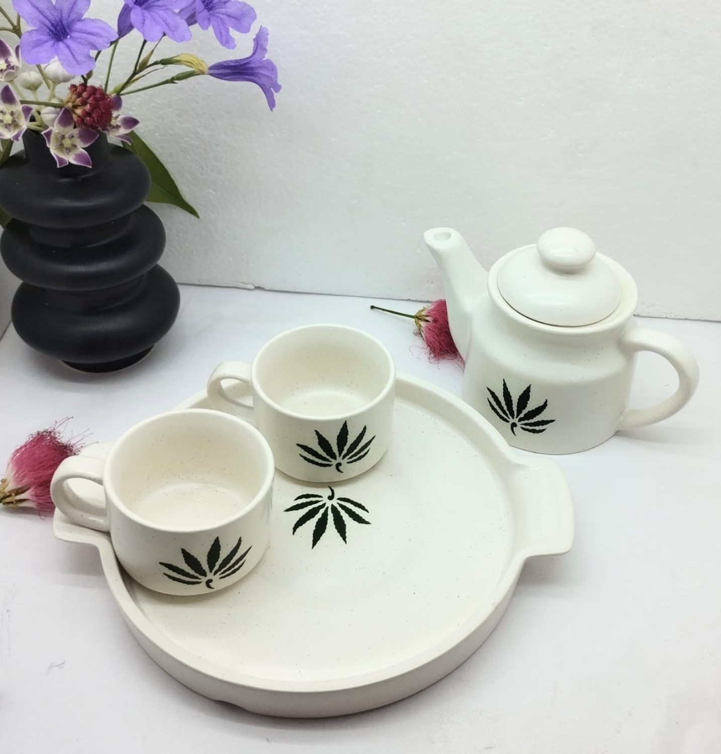 Image of The Earthy Store Pack of 4 Ceramic Ceramic Tea Kettle Set Kitchenware ,1 Kettle, 1 Tray, Tea Cup 2 Piece