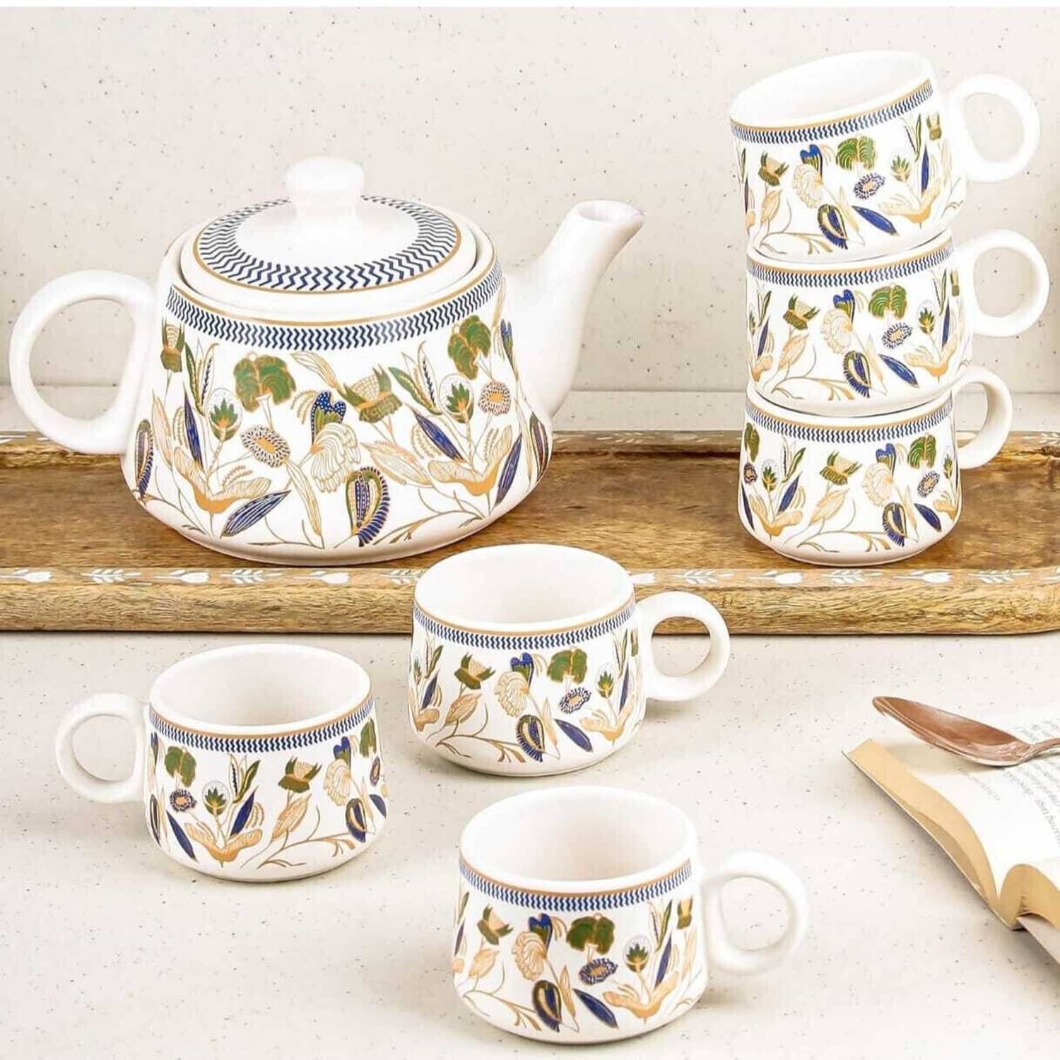 AAV WORLD Pack of 7 Ceramic flower Tea set with kettle ( pack of 6 cup and 1 kettle)