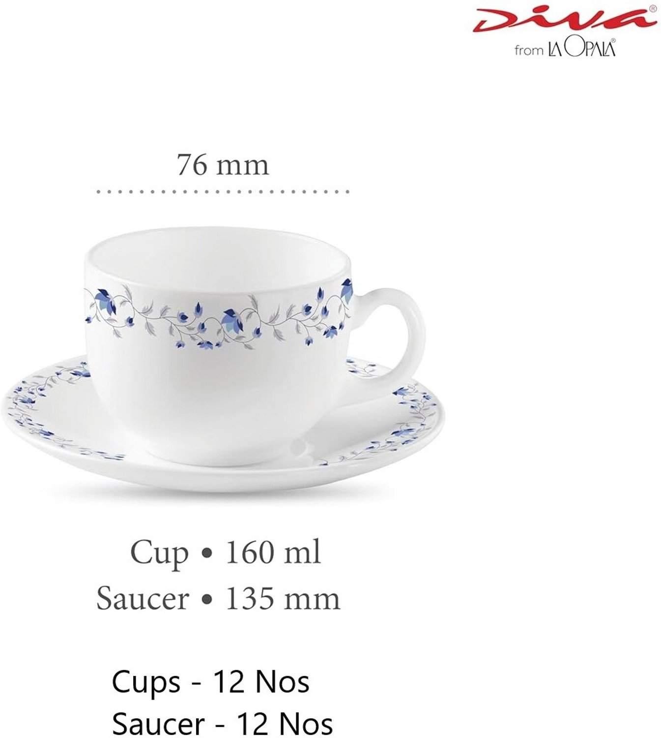 Image of LAOPALA Pack of 24 Opalware Iris Blue Mystique 12 Cups and 12 Saucer set