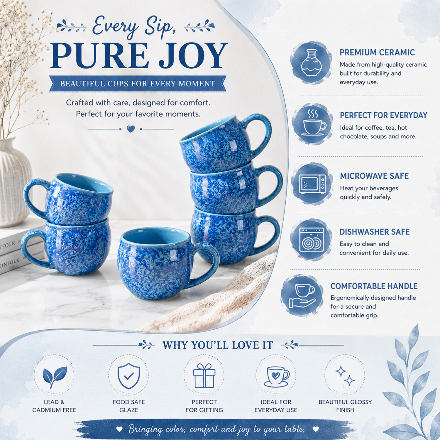 Image of D'Maiolica Pack of 6 Ceramic, Bone China Premium Quality Small Size tea cup set of 6, coffee cups