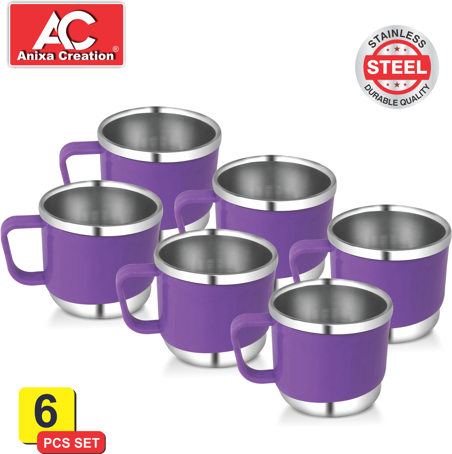 Image of Anixa Creation Pack of 6 Stainless Steel, Plastic Tea cups | Stainless Steel tea cup set of 6 | Outer Plastic | Coffee Mug