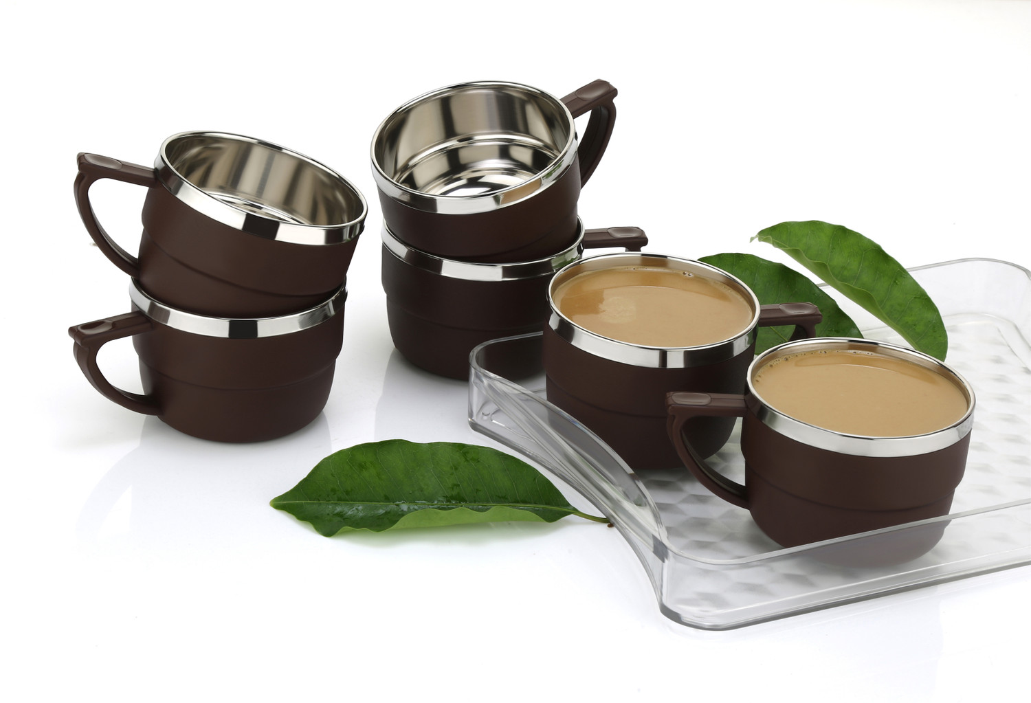 Image of HAPPI Pack of 6 Stainless Steel, Plastic Tea Cups Set Coffee Mug Insulated Stainless Steel Inner Stylist Double Wall Cup