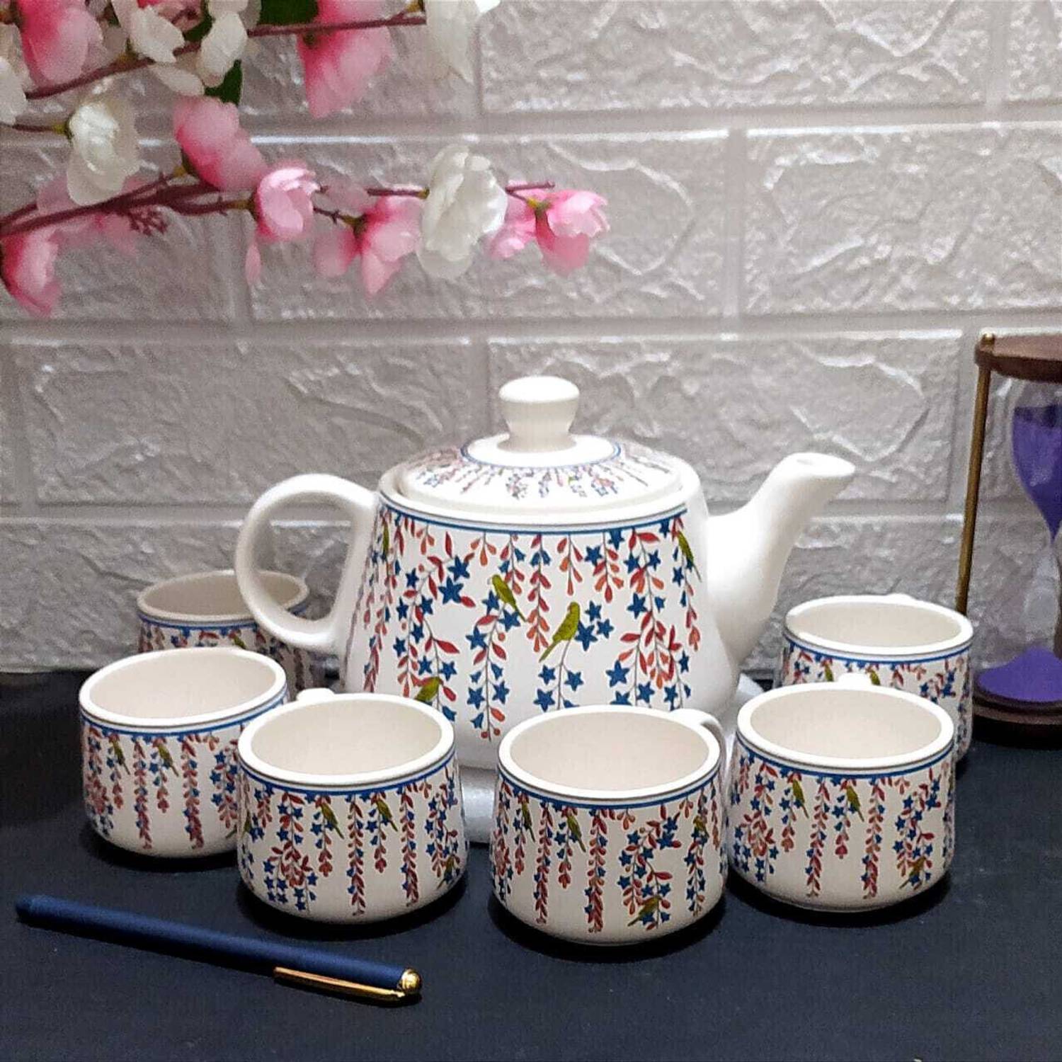 AAV WORLD Pack of 7 Ceramic TOTA MAINA on white Tea set with
