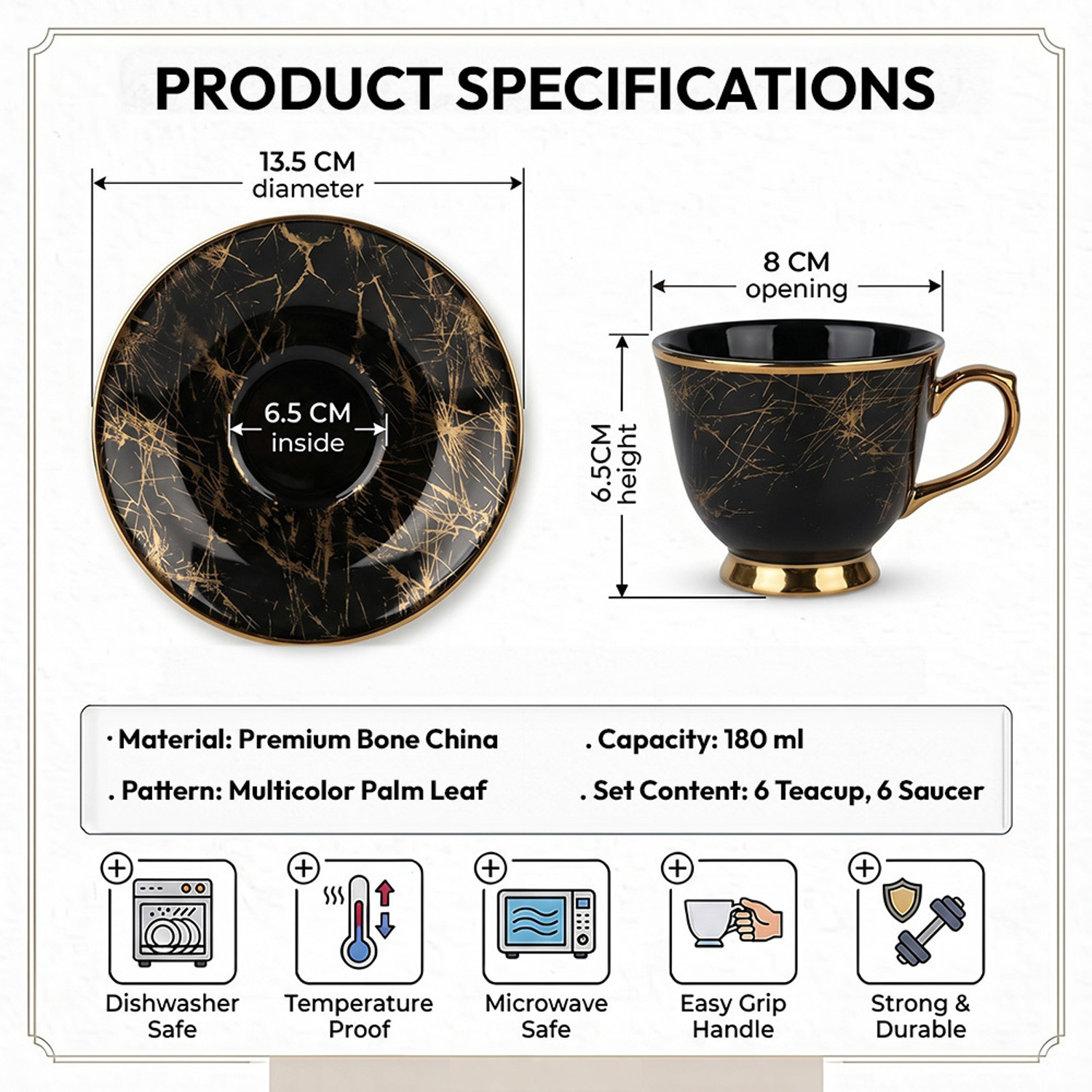 Image of U.P.C. Bone China Tea Cup & Saucer Set of 6 180ml | Black & Gold Marble Scratch Texture