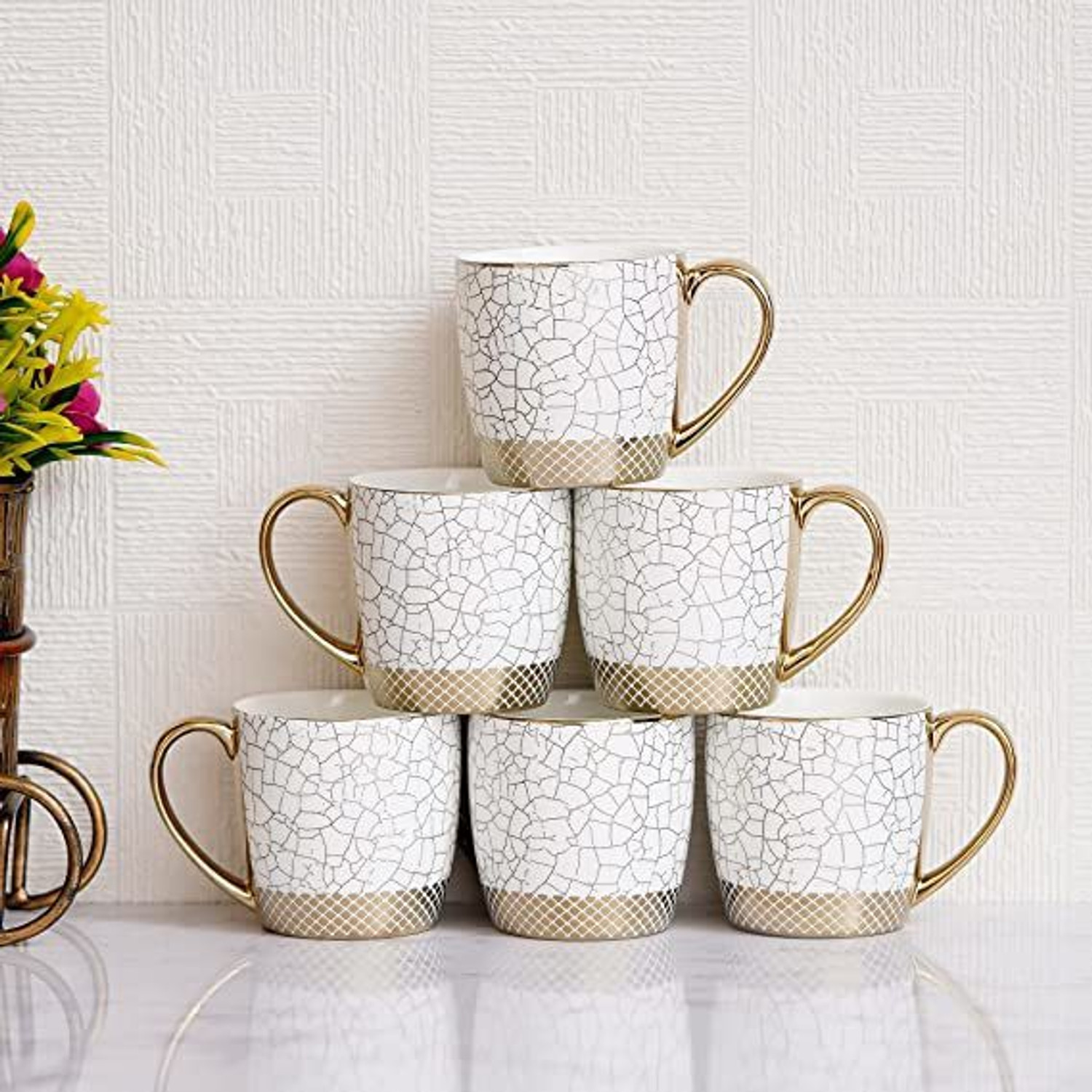 Image of Femora Pack of 6 Bone China Indian Ceramic Fine Bone China Marble Gold Line Tea Cups - Set of 6, 170 ML
