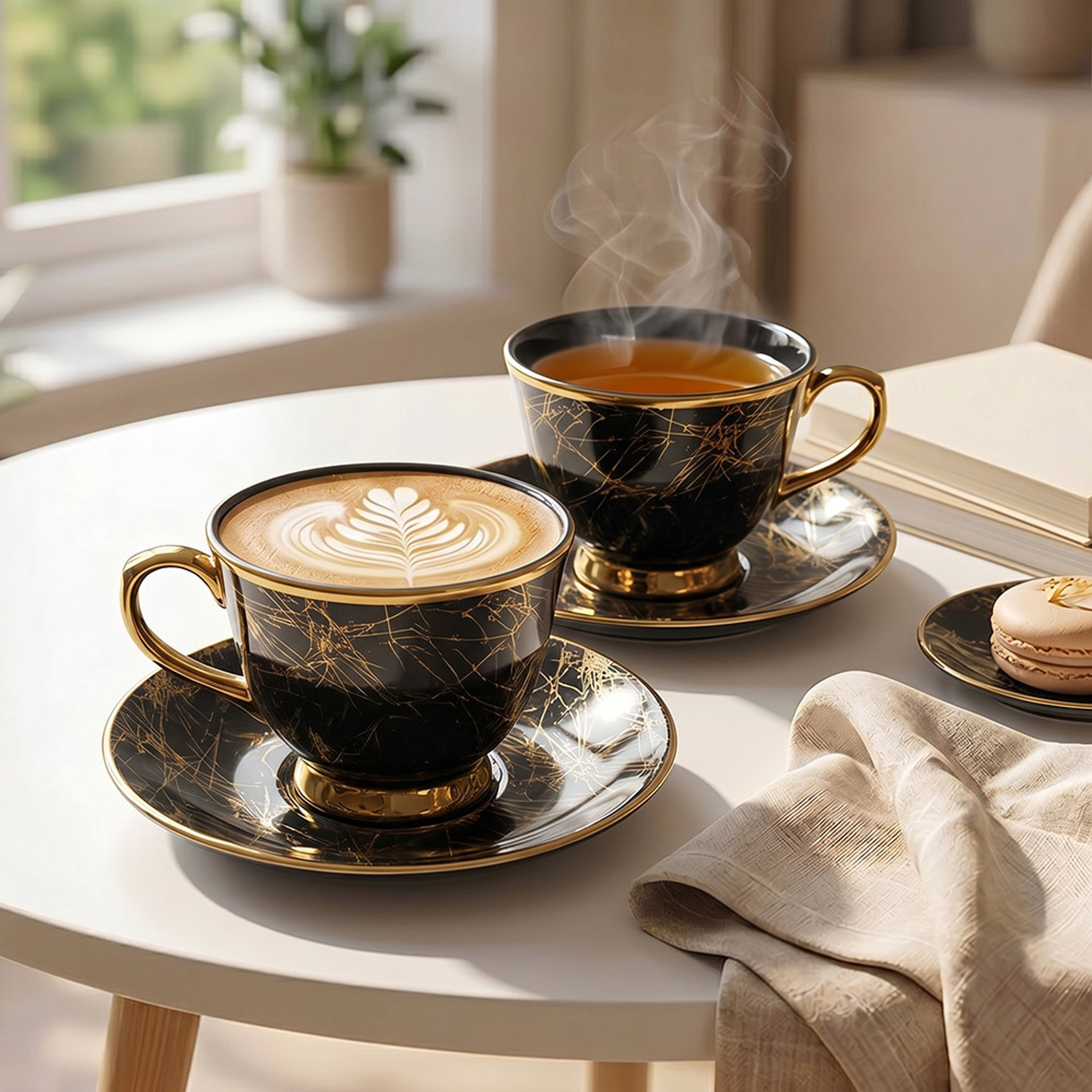 Image of U.P.C. Bone China Tea Cup & Saucer Set of 6 180ml | Black & Gold Marble Scratch Texture
