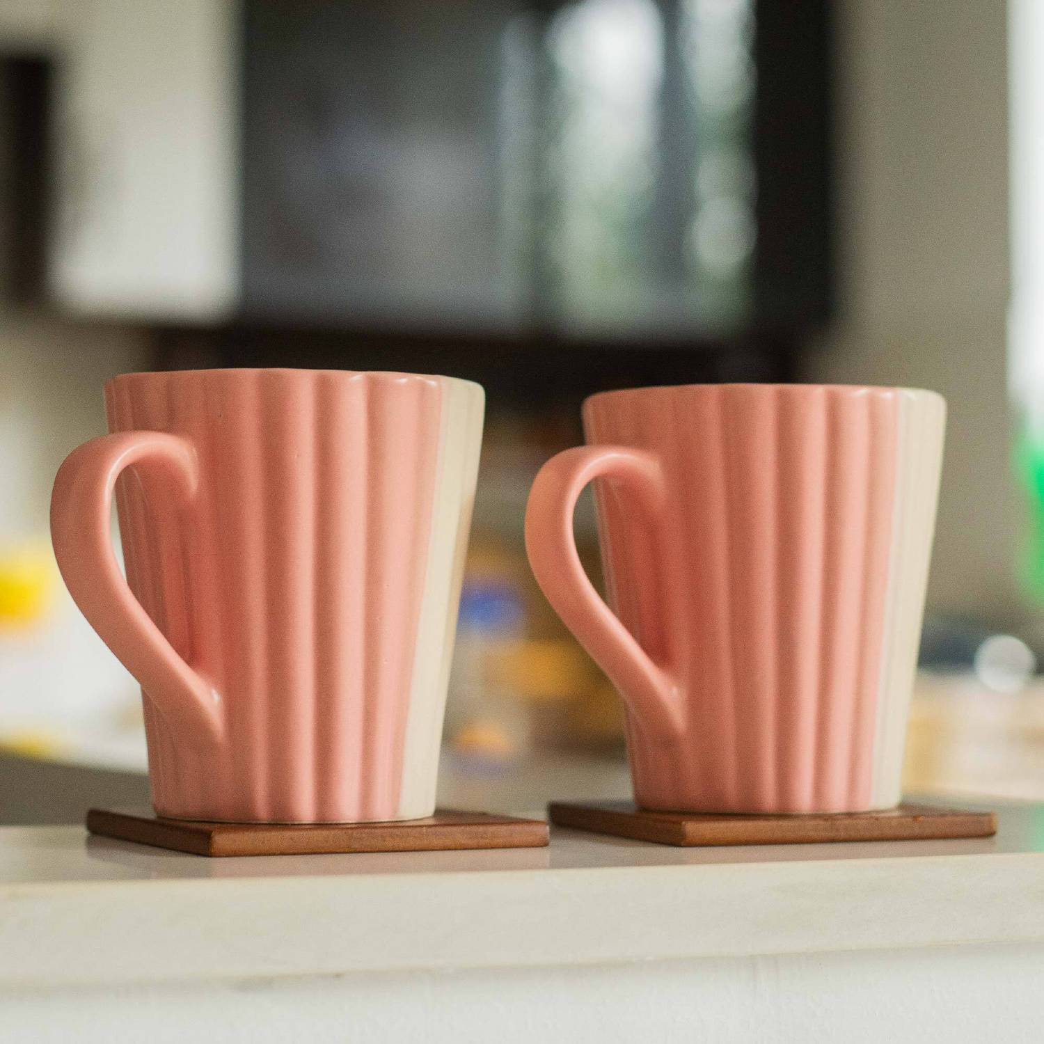 10club Pack of 2 Ceramic Cup | Dual Toned | Microwave Safe Coffee Cup | Set of 2 |Beige and Coral Pink