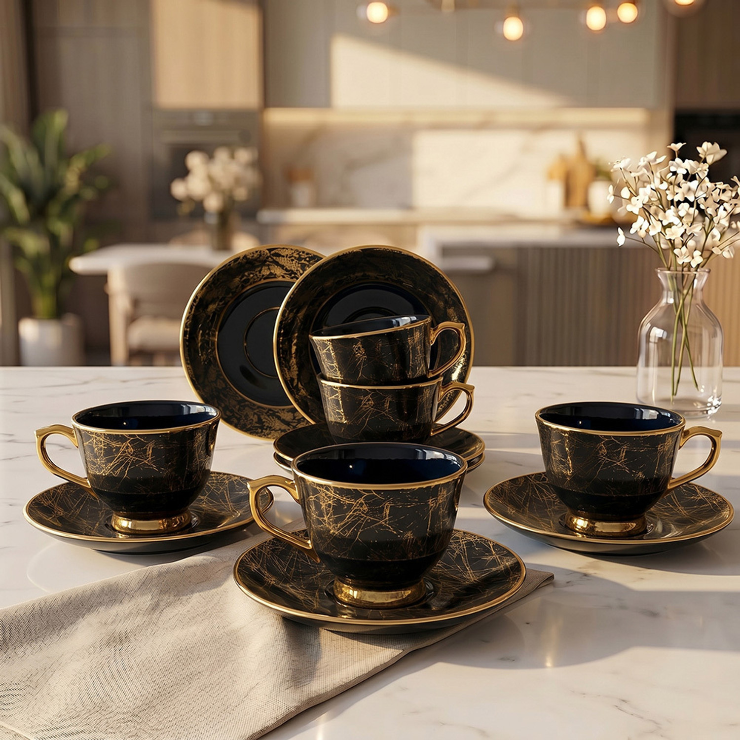 Image of U.P.C. Bone China Tea Cup & Saucer Set of 6 180ml | Black & Gold Marble Scratch Texture